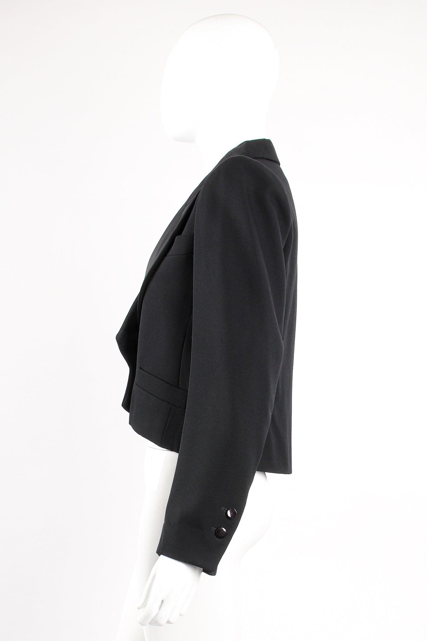 Vintage Yves Saint Laurent YSL Cropped Tuxedo Jacket on Mannequin side at Recess Los Angeles