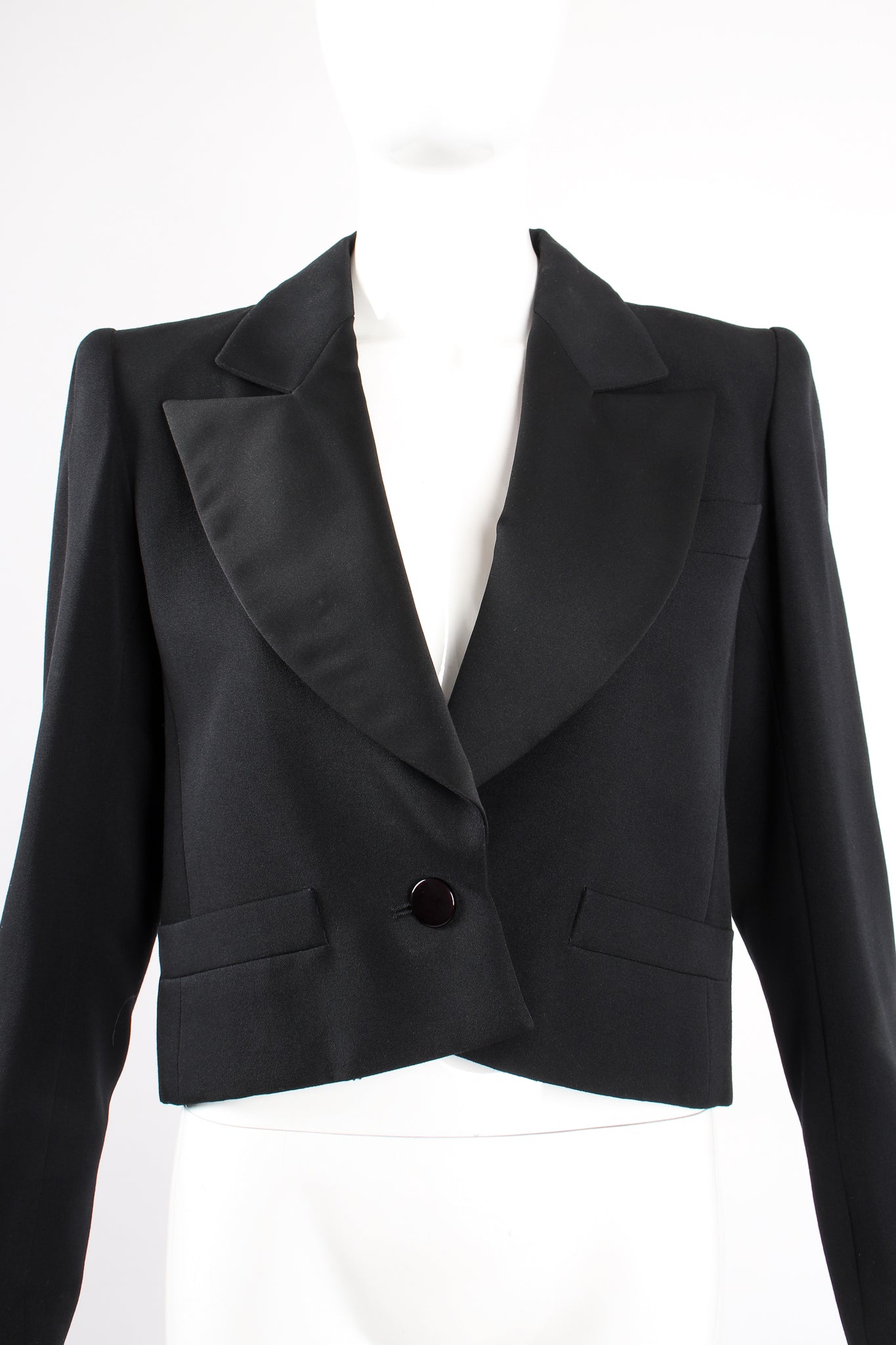 Vintage Yves Saint Laurent YSL Cropped Tuxedo Jacket on Mannequin crop at Recess Los Angeles