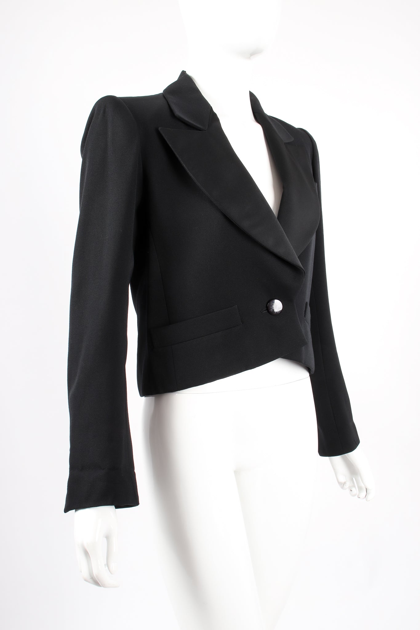 Vintage Yves Saint Laurent YSL Cropped Tuxedo Jacket on Mannequin angle at Recess Los Angeles