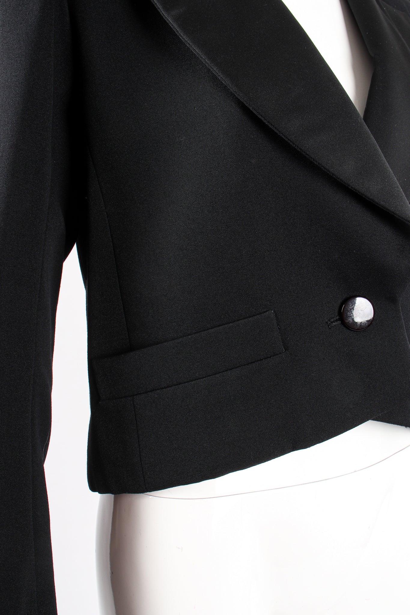Vintage Yves Saint Laurent YSL Cropped Tuxedo Jacket on Mannequin pocket at Recess Los Angeles