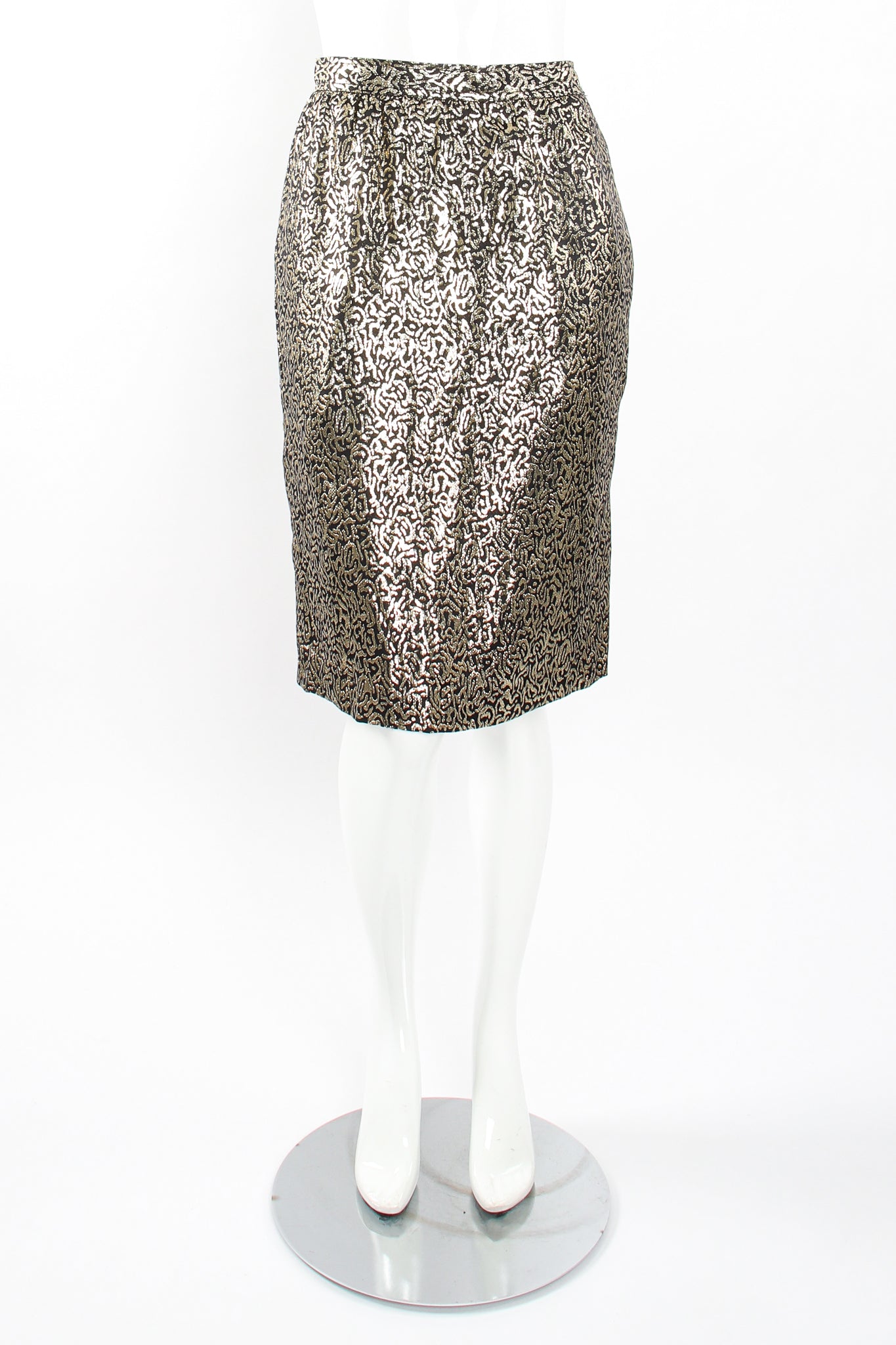 Vintage YSL Yves Saint Laurent Squiggle Lamé Blouse & Skirt Set on Mannequin skirt front @ Recess