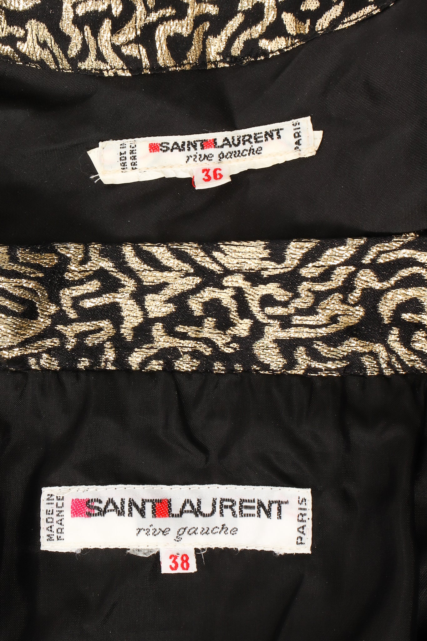 Vintage YSL Yves Saint Laurent Squiggle Lamé Blouse & Skirt Set labels at Recess Los Angeles