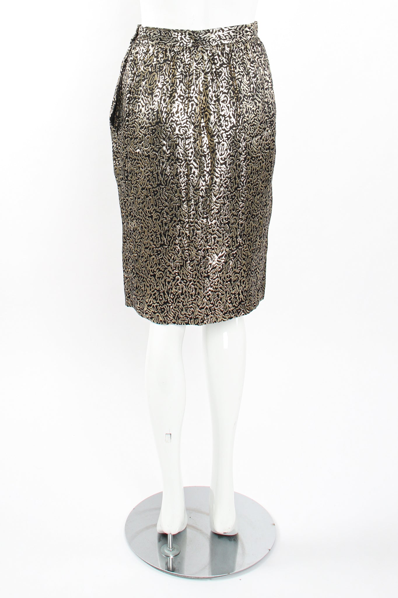 Vintage YSL Yves Saint Laurent Squiggle Lamé Blouse & Skirt Set on Mannequin skirt back @ Recess