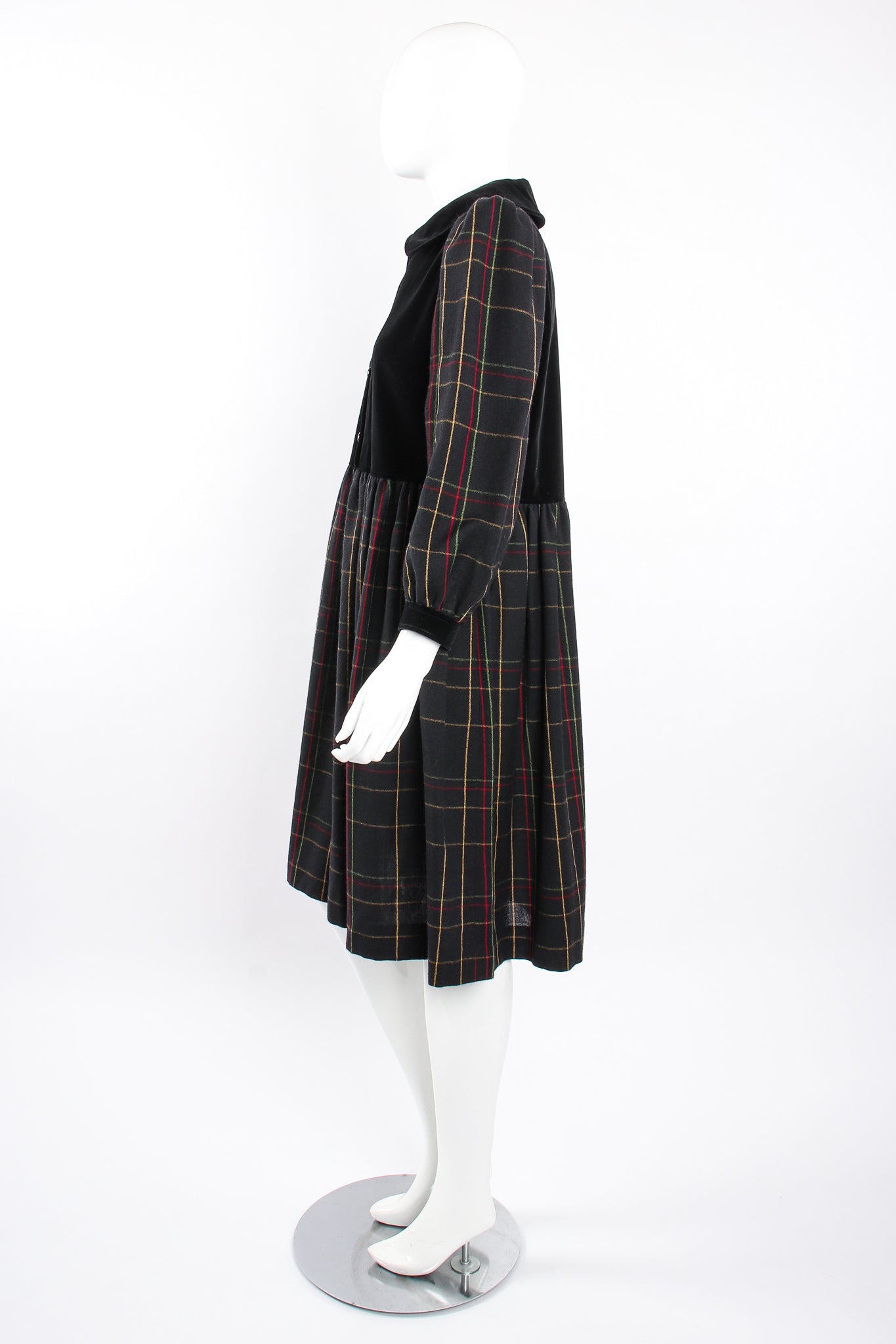 Vintage Yves Saint Laurent YSL Flannel Checked Velvet Bodice Dress on Mannequin side at Recess LA