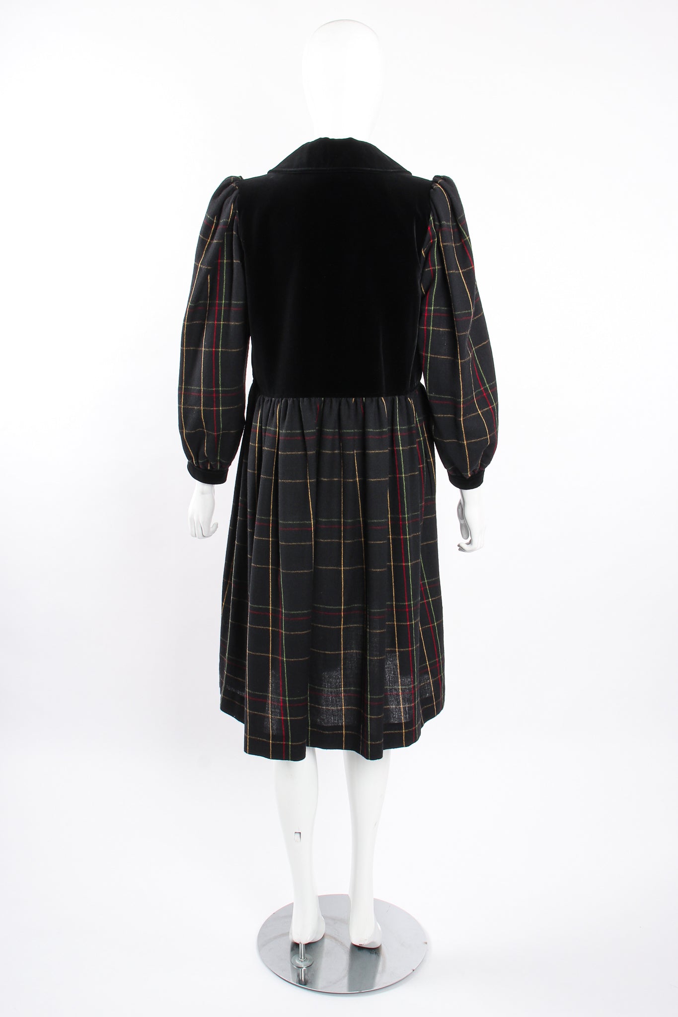 Vintage Yves Saint Laurent YSL Flannel Checked Velvet Bodice Dress on Mannequin back at Recess LA