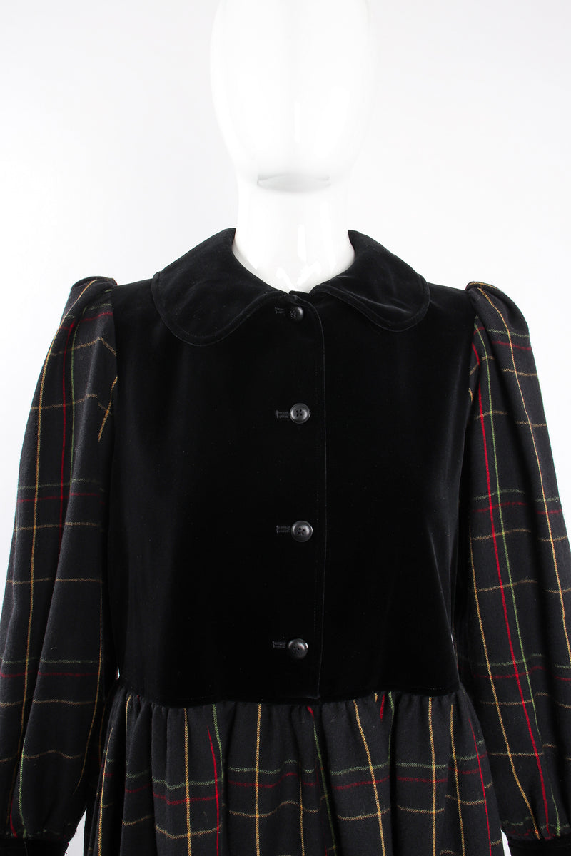 Vintage Yves Saint Laurent YSL Flannel Checked Velvet Bodice Dress on Mannequin crop at Recess LA
