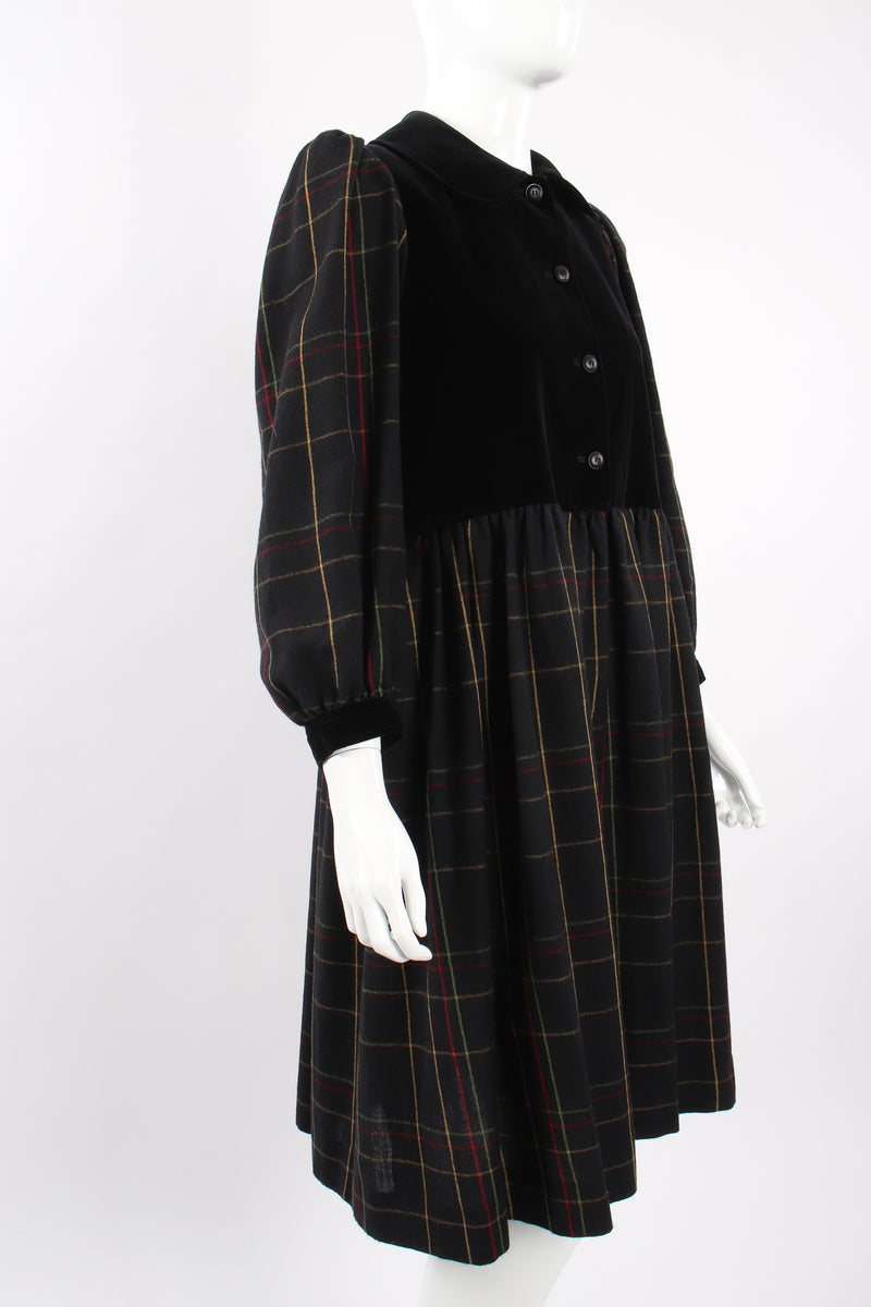 Vintage Yves Saint Laurent YSL Flannel Checked Velvet Bodice Dress on Mannequin angle @ Recess LA