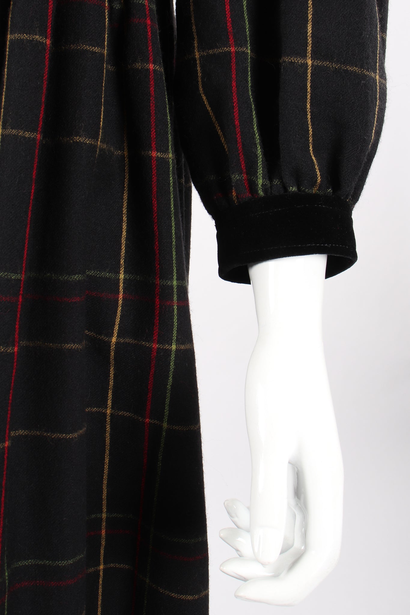 Vintage Yves Saint Laurent YSL Flannel Checked Velvet Bodice Dress sleeve cuff @ Recess LA