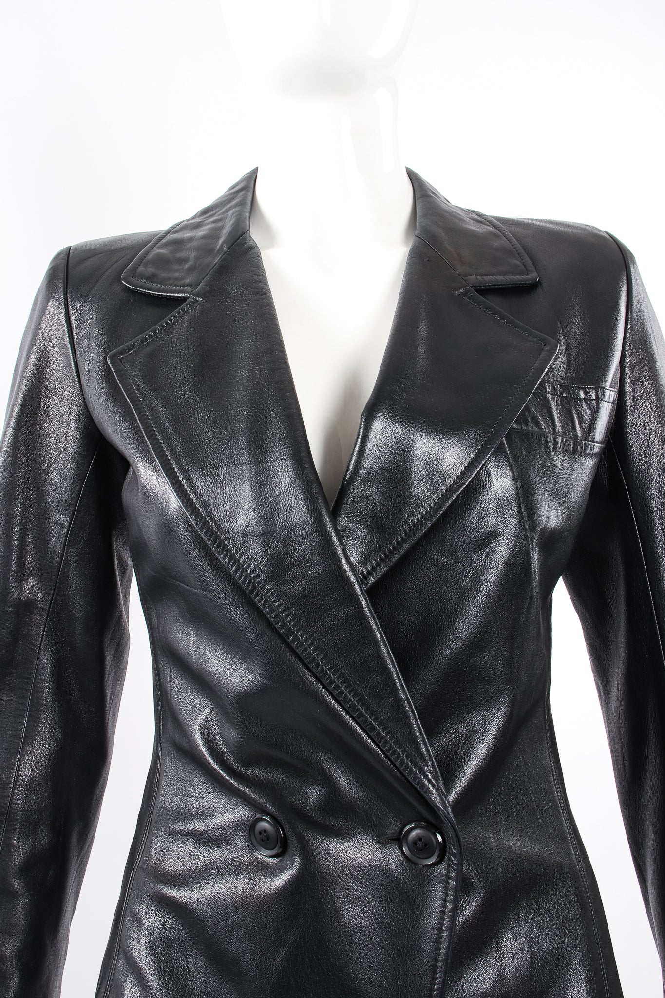 Vintage Yves Saint Laurent YSL Nipped Waist Leather Blazer on Mannequin lapel at Recess LA