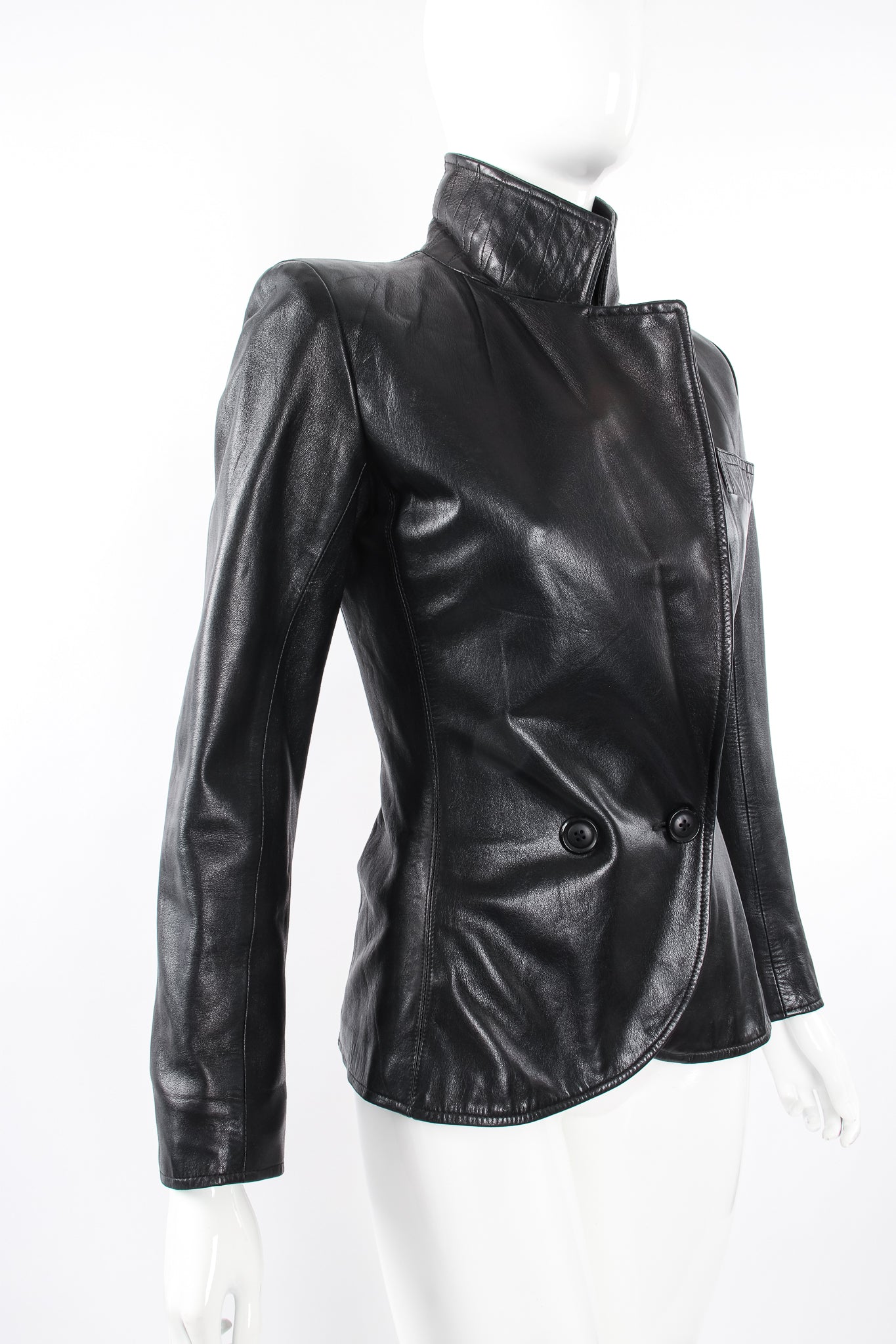 Vintage Yves Saint Laurent YSL Nipped Waist Leather Blazer on Mannequin angle at Recess LA