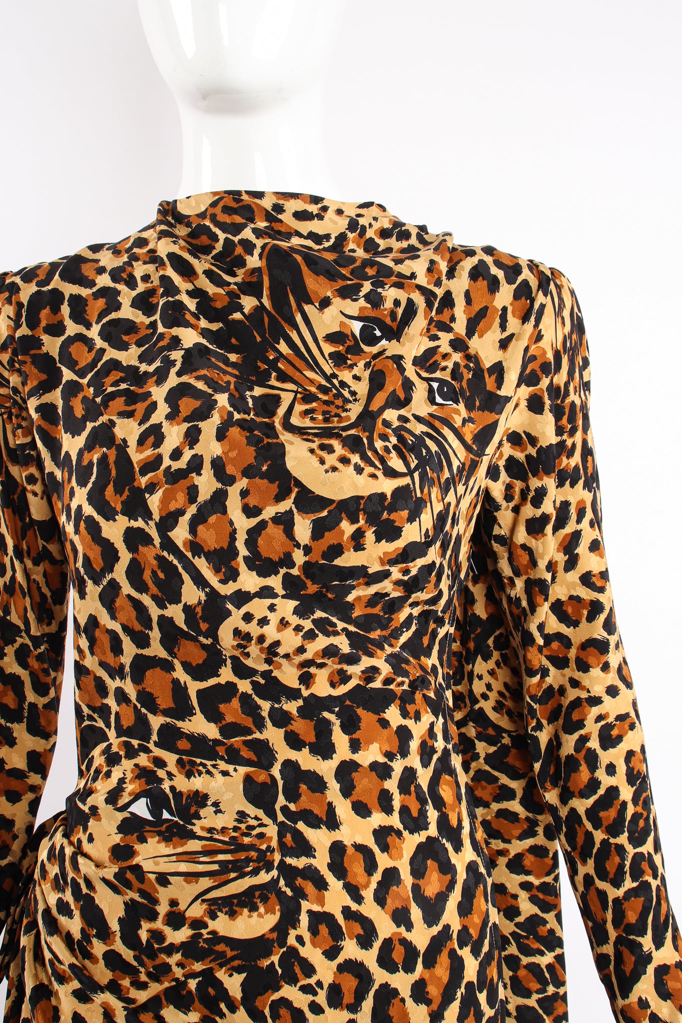 Vintage Yves Saint Laurent YSL Leopard Scarf Dress on Mannequin leopard face at Recess Los Angeles