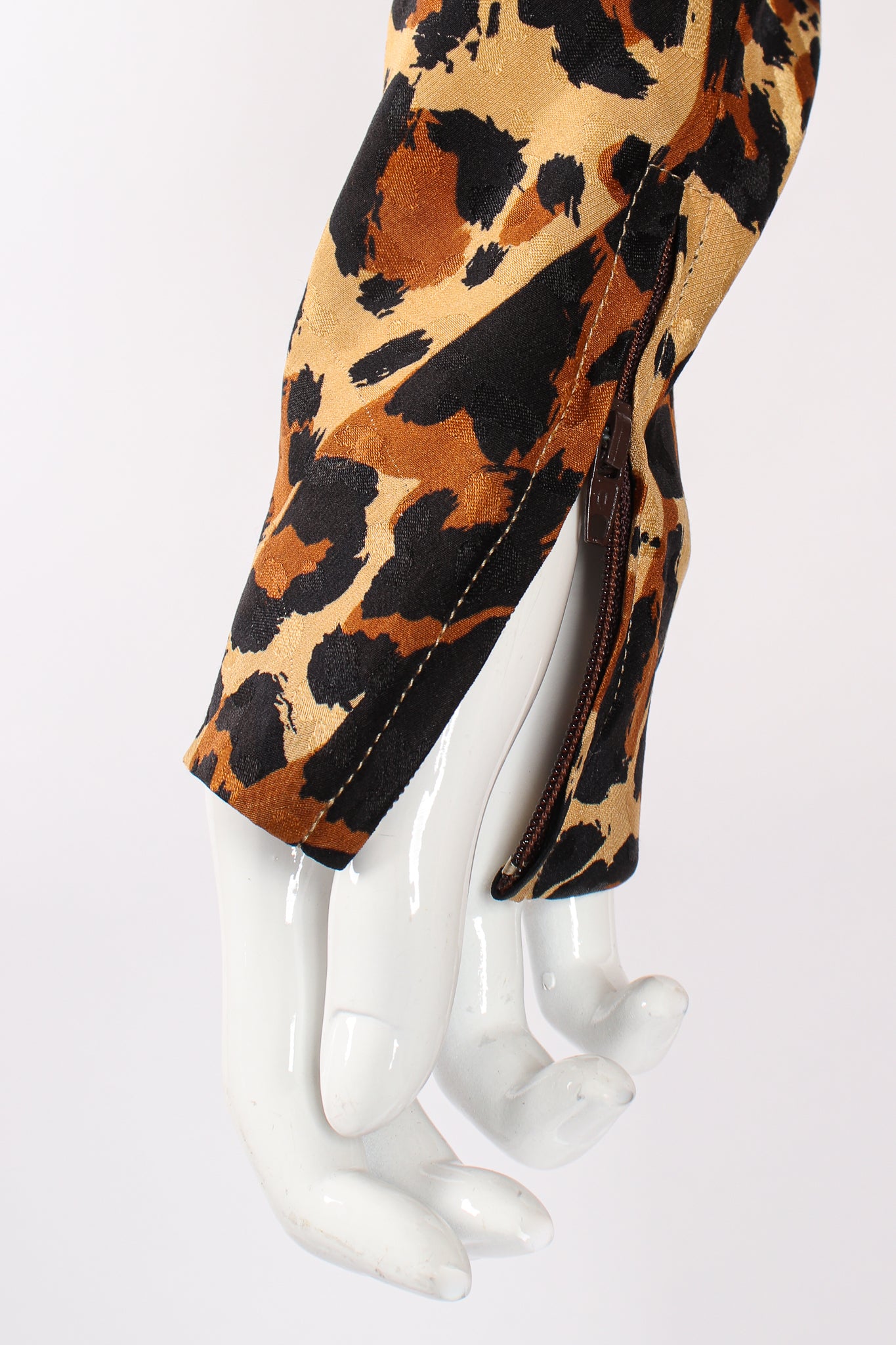 Vintage Yves Saint Laurent YSL Leopard Scarf Dress on Mannequin sleeve zip at Recess Los Angeles