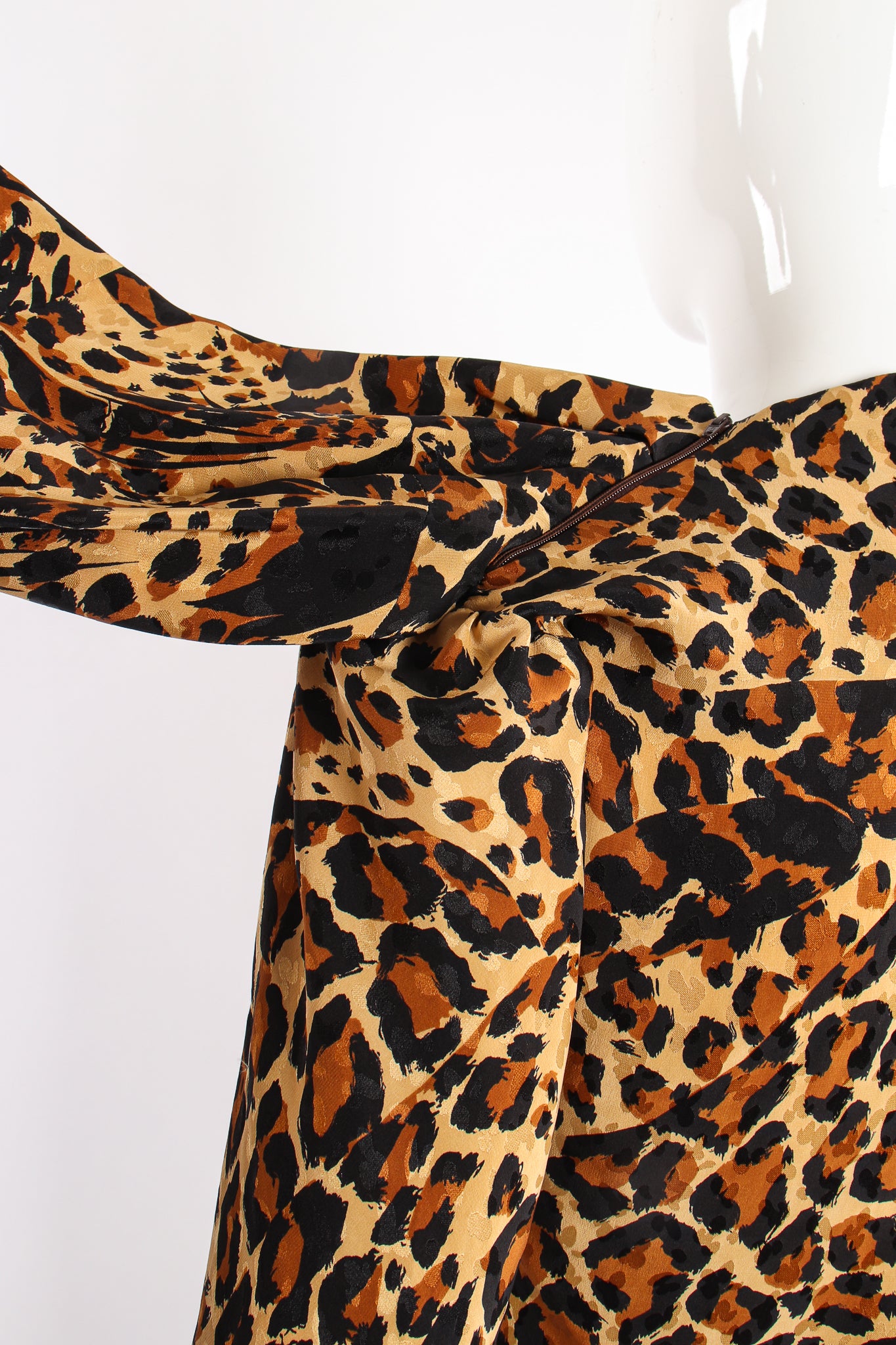 Vintage Yves Saint Laurent YSL Leopard Scarf Dress on Mannequin shoulder zip at Recess Los Angeles