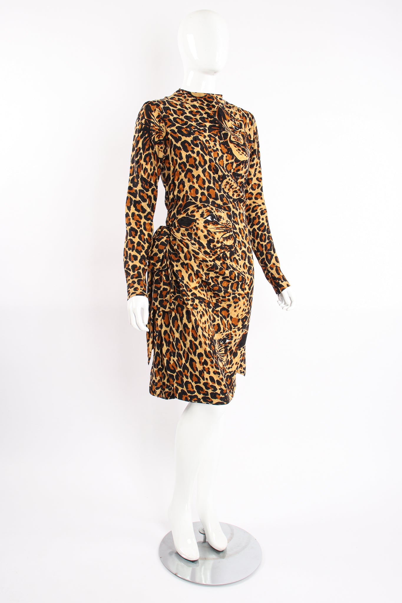 Vintage Yves Saint Laurent YSL Leopard Scarf Dress on Mannequin angle at Recess Los Angeles