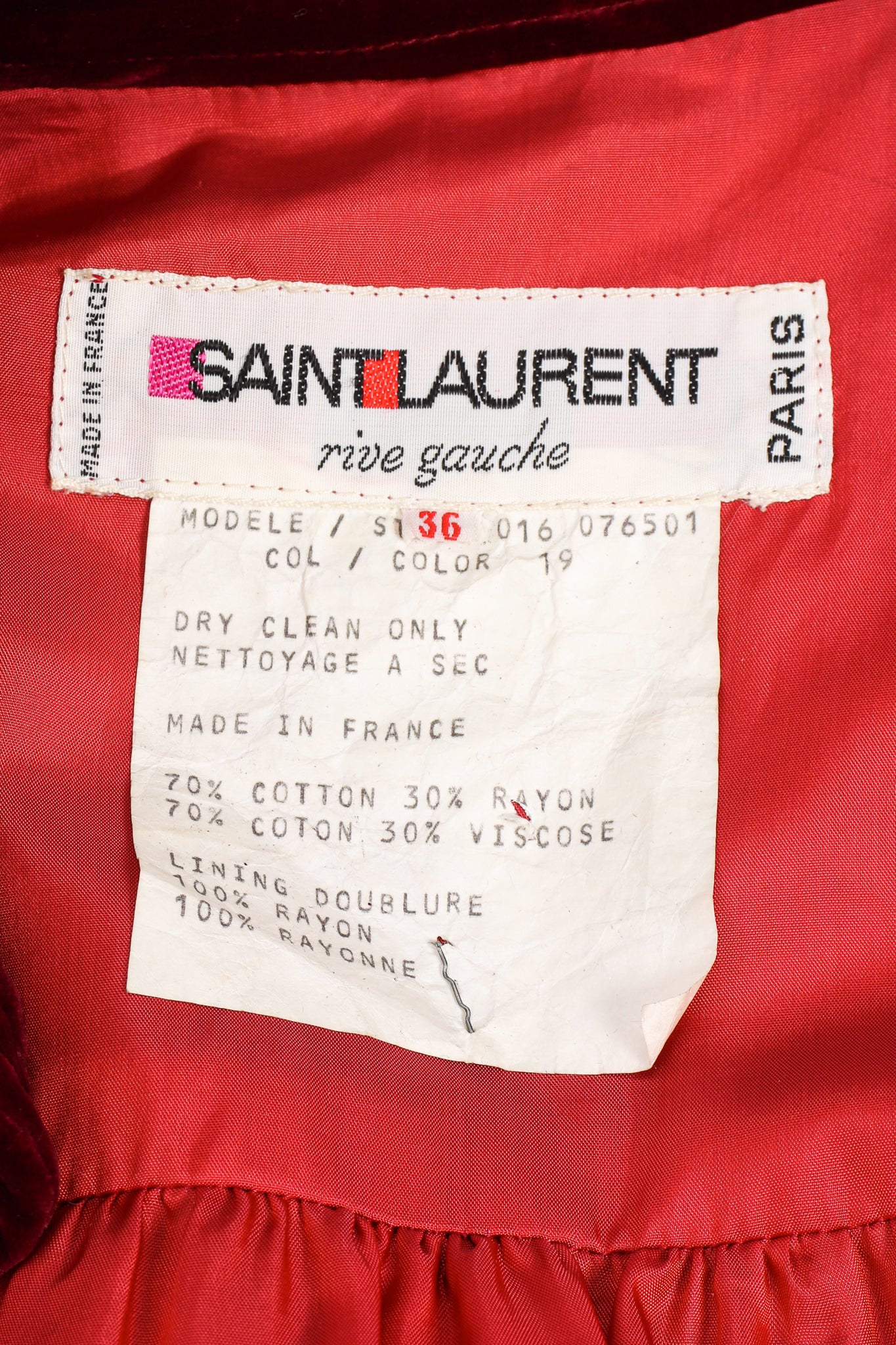 Vintage YSL Yves Saint Laurent Velvet Swing Coat label at Recess Los Angeles