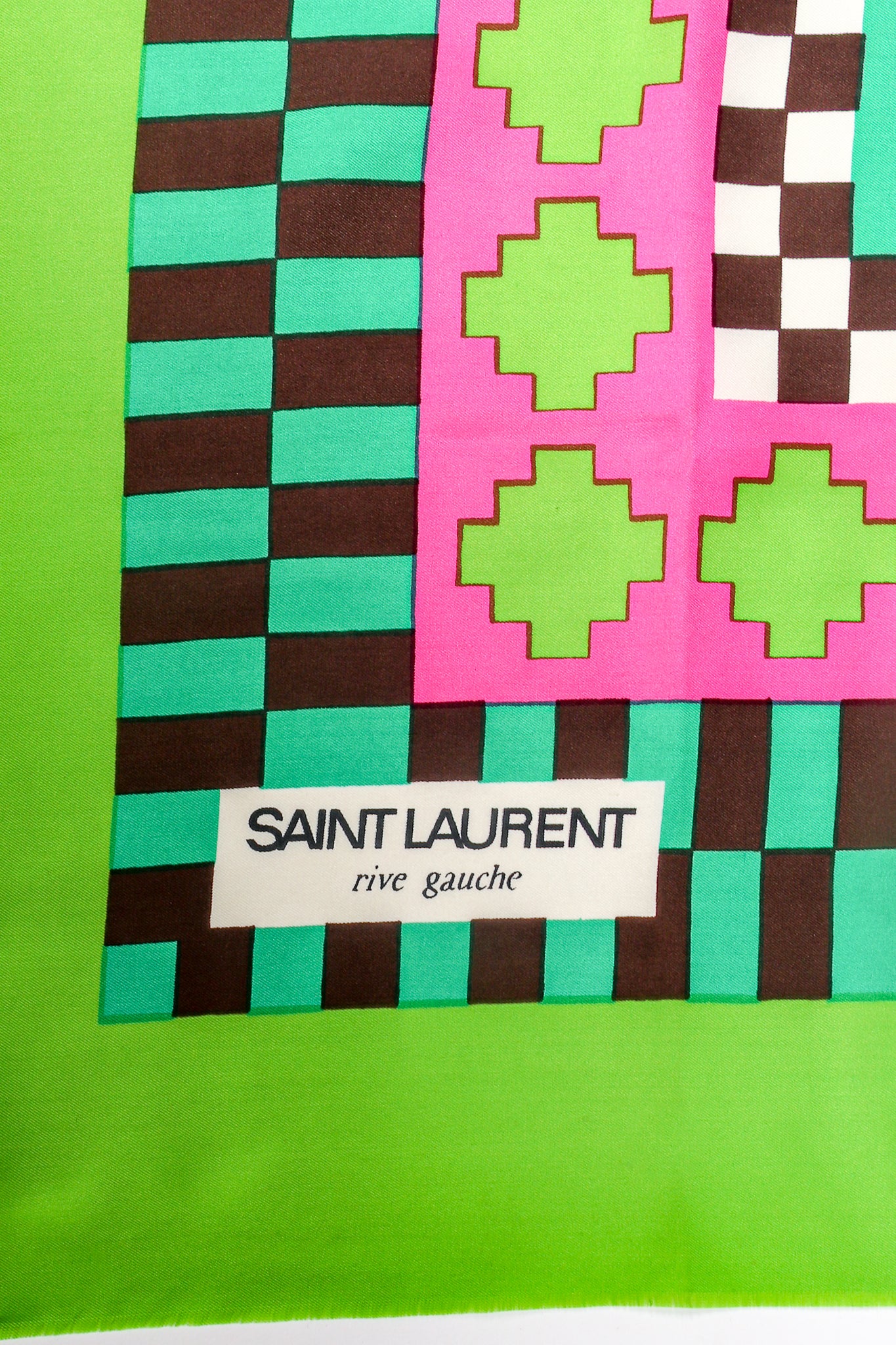 Vintage Yves Saint Laurent YSL Geometric Checkered Border Scarf signature at Recess Los Angeles