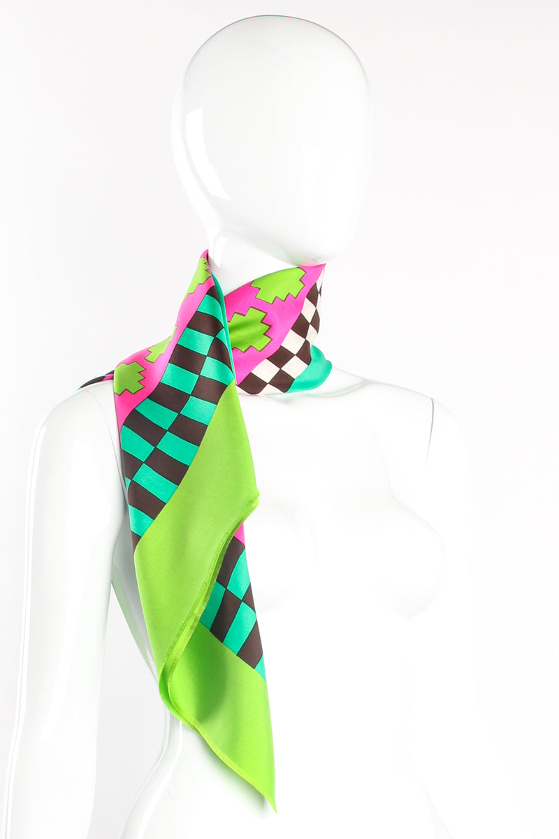 Vintage Yves Saint Laurent YSL Geometric Checkered Border Scarf on mannequin at Recess Los Angeles