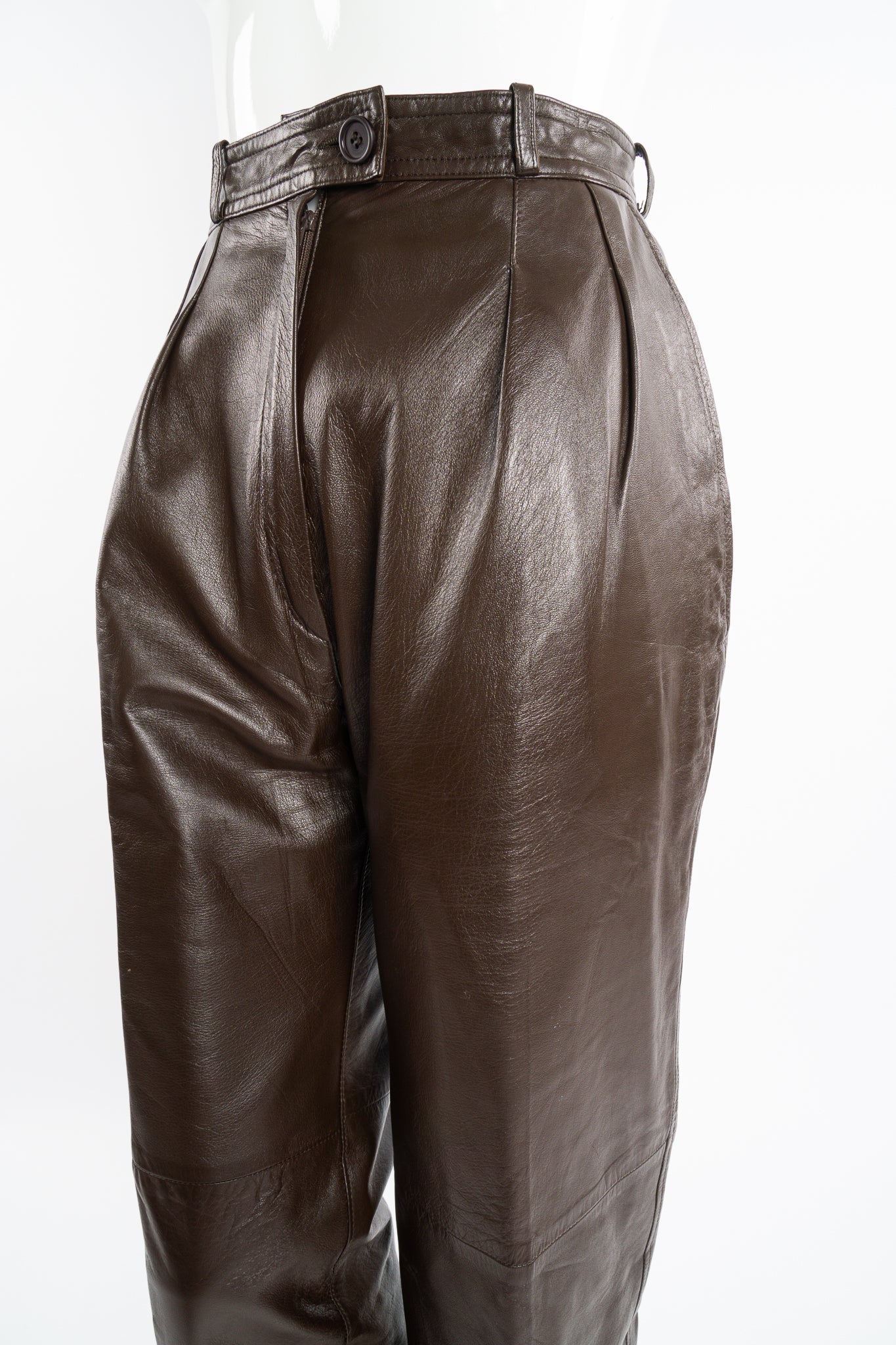 Vintage YSL Yves Saint Laurent Pleated Leather Trouser on mannequin waist at Recess Los Angeles