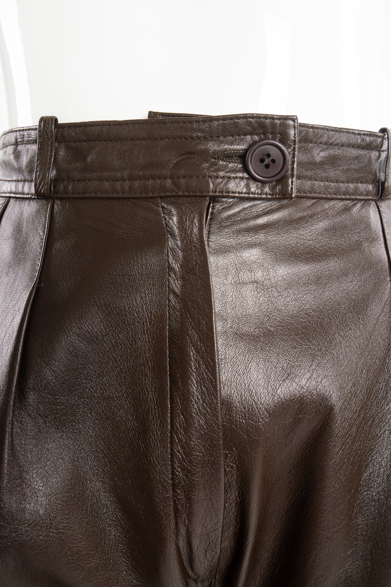 Vintage YSL Yves Saint Laurent Pleated Leather Trouser on mannequin waistband at Recess LA