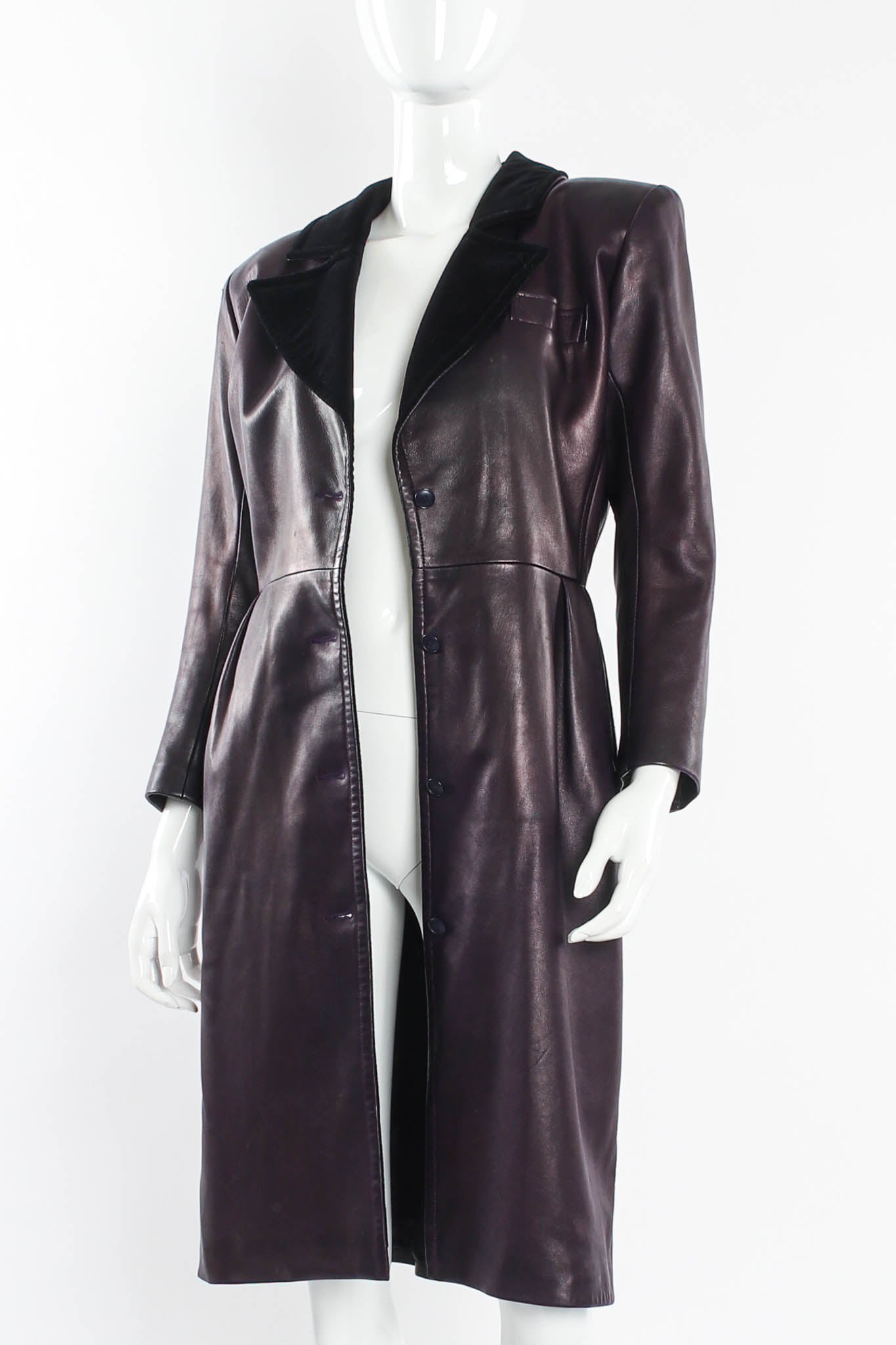 Vintage Saint Laurent 1980s Leather Dress Coat mannequin unbuttoned @ Recess Los Angeles