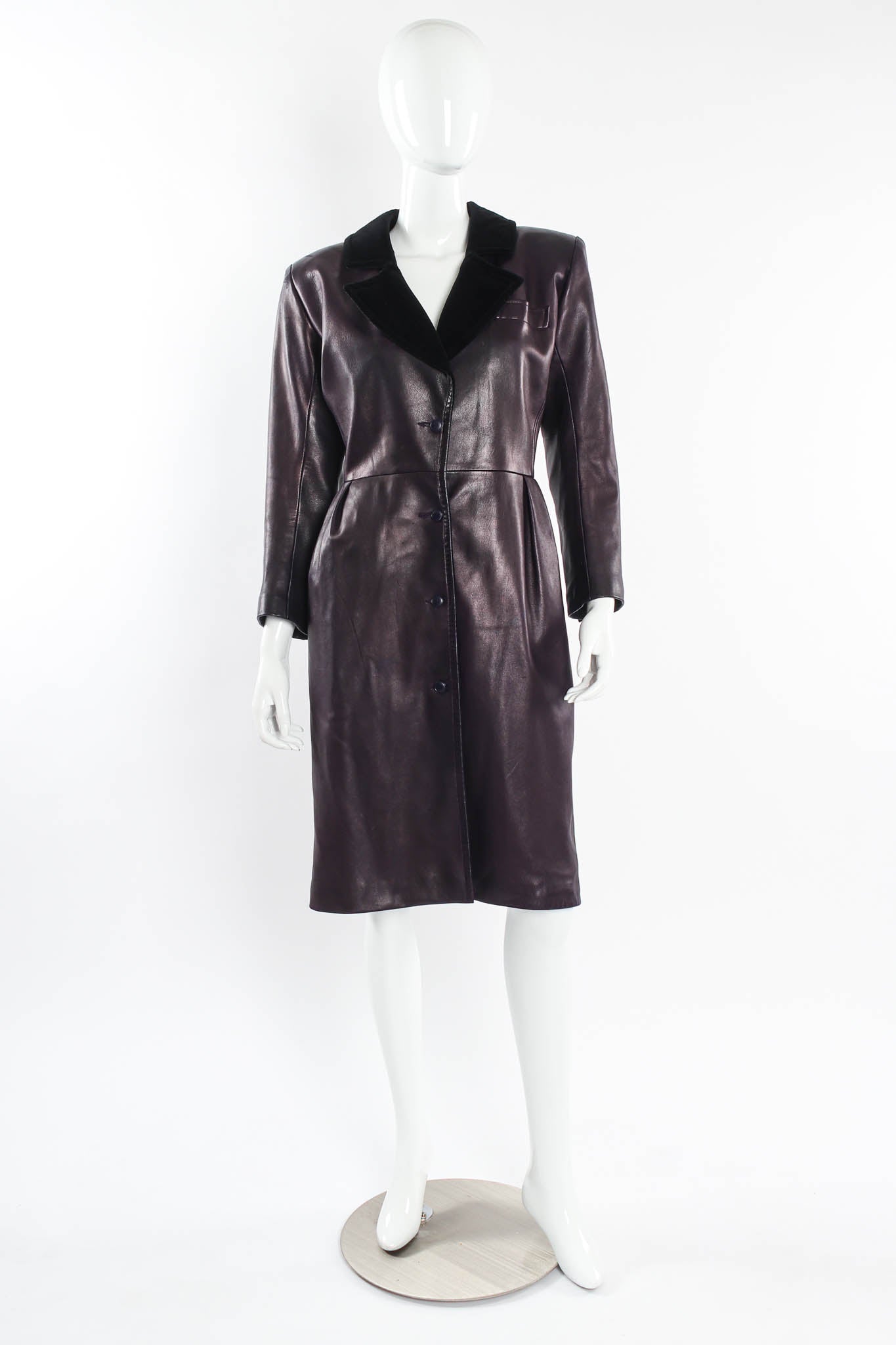 Vintage Saint Laurent 1980s Leather Dress Coat mannequin front @ Recess Los Angeles