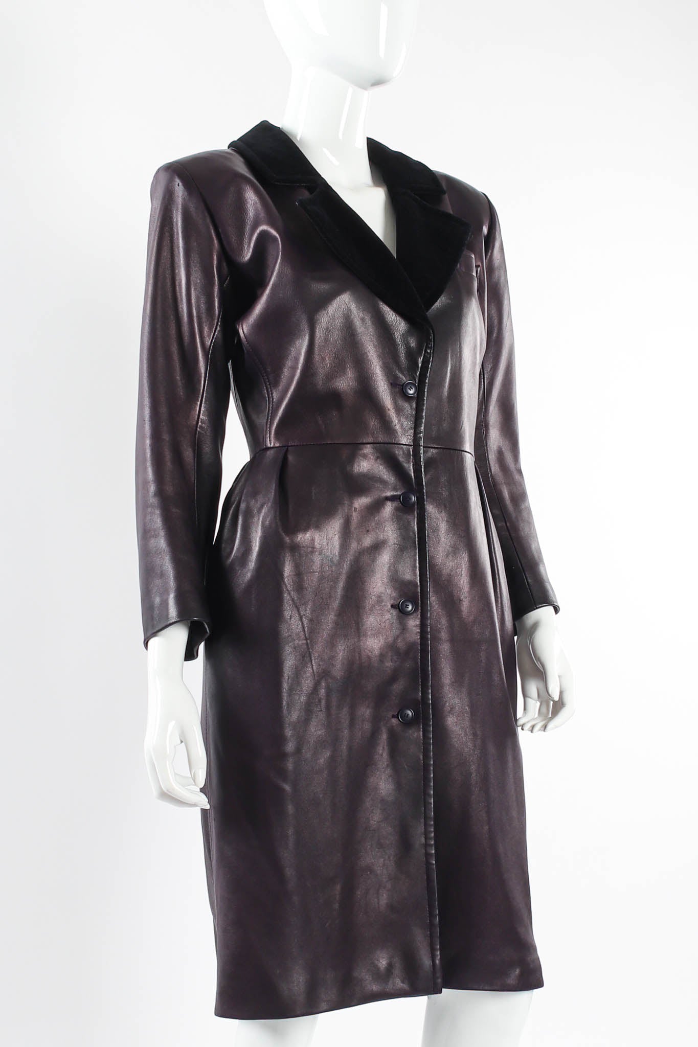 Vintage Saint Laurent 1980s Leather Dress Coat mannequin angle close @ Recess Los Angeles