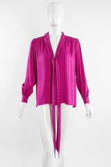 Vintage YSL Yves Saint Laurent Fuchsia Striped Chelsea Bow Blouse on Mannequin front at Recess LA