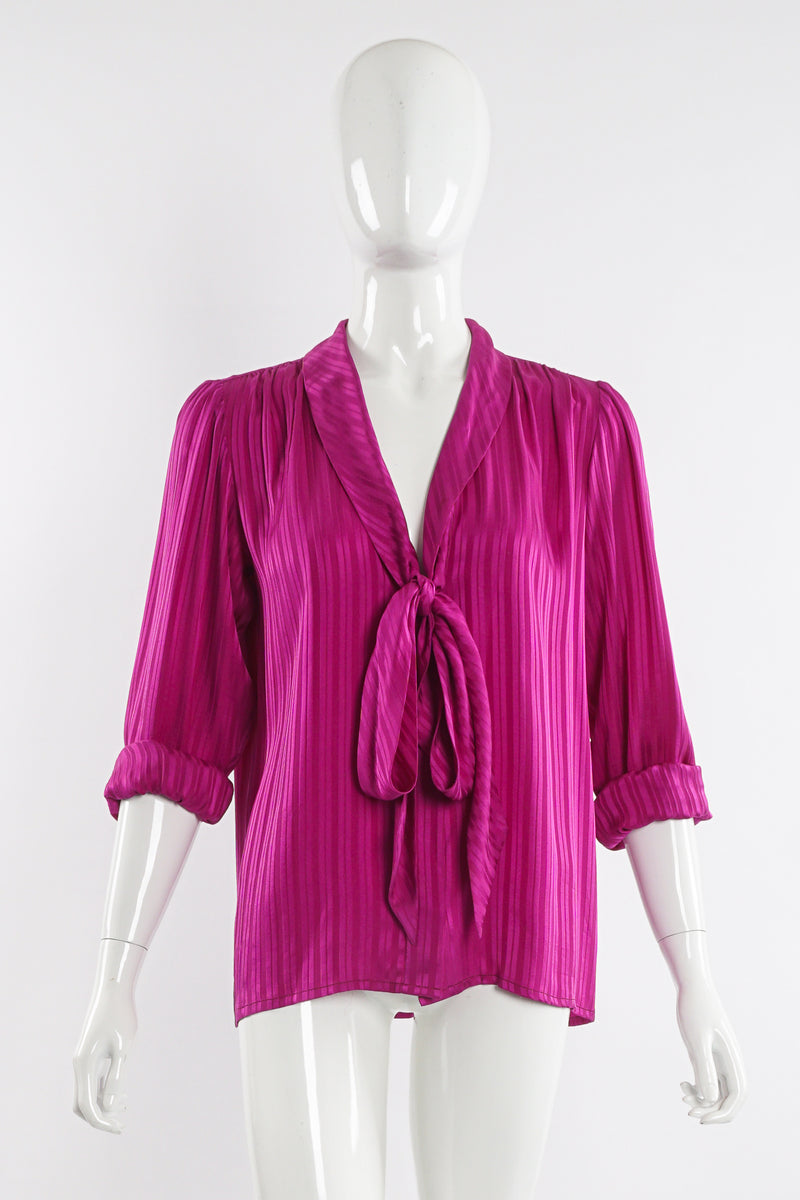 Vintage YSL Yves Saint Laurent Fuchsia Striped Chelsea Bow Blouse on Mannequin tied at Recess LA