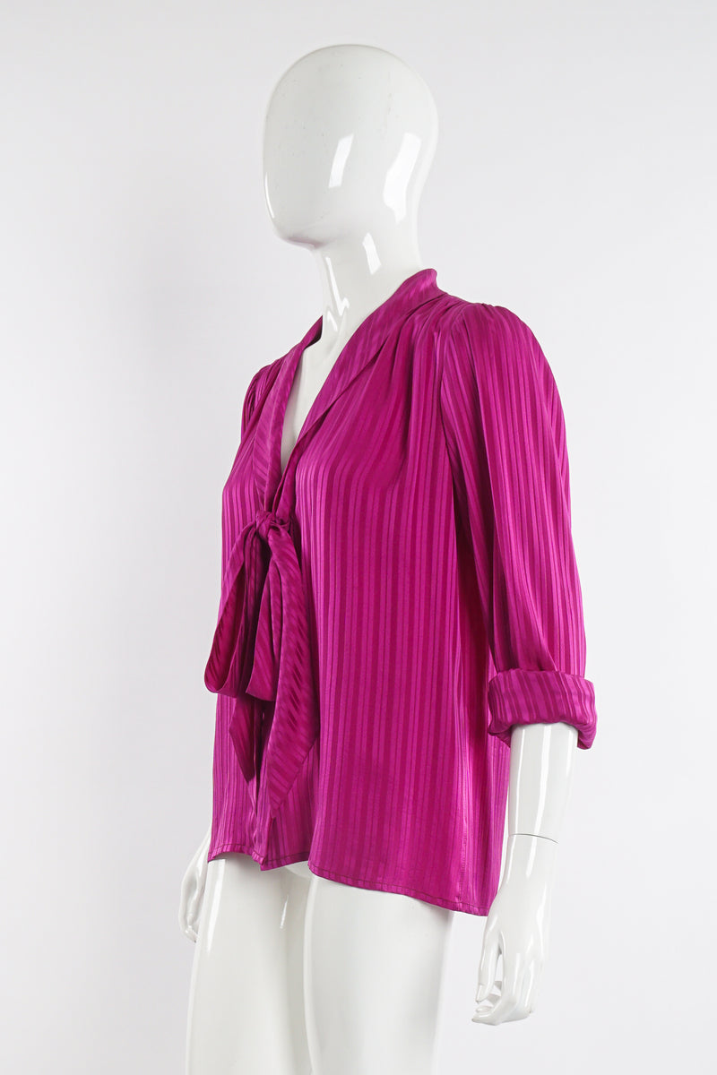 Vintage YSL Yves Saint Laurent Fuchsia Striped Chelsea Bow Blouse on Mannequin angle at Recess LA
