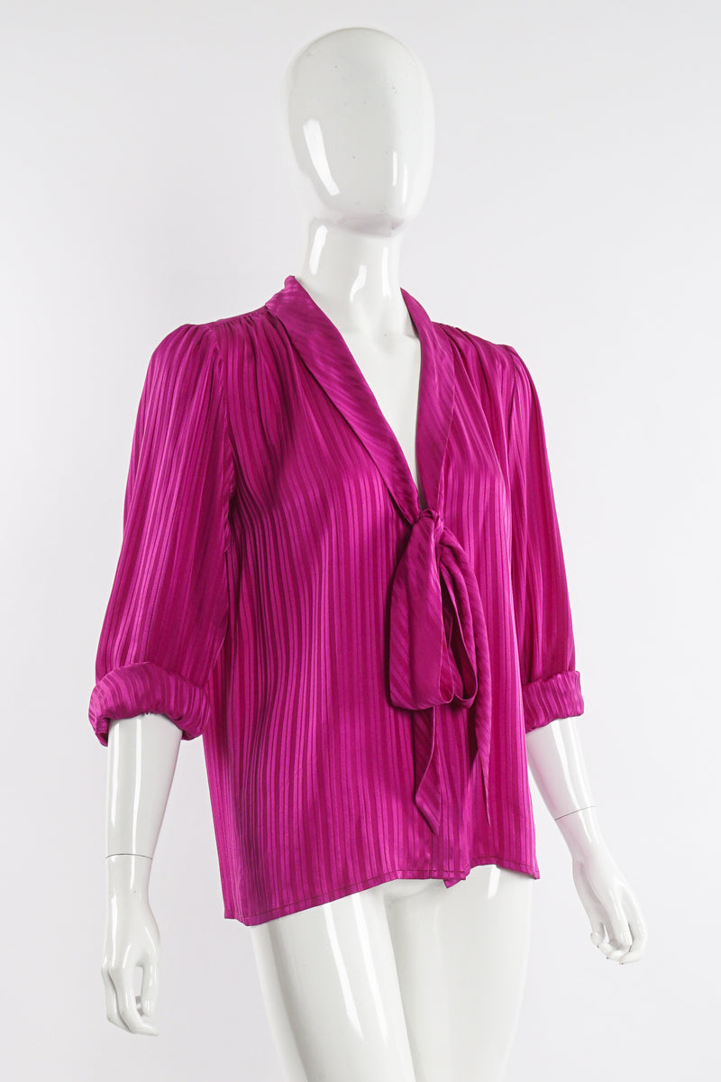 Vintage YSL Yves Saint Laurent Fuchsia Striped Chelsea Bow Blouse on Mannequin angle at Recess LA