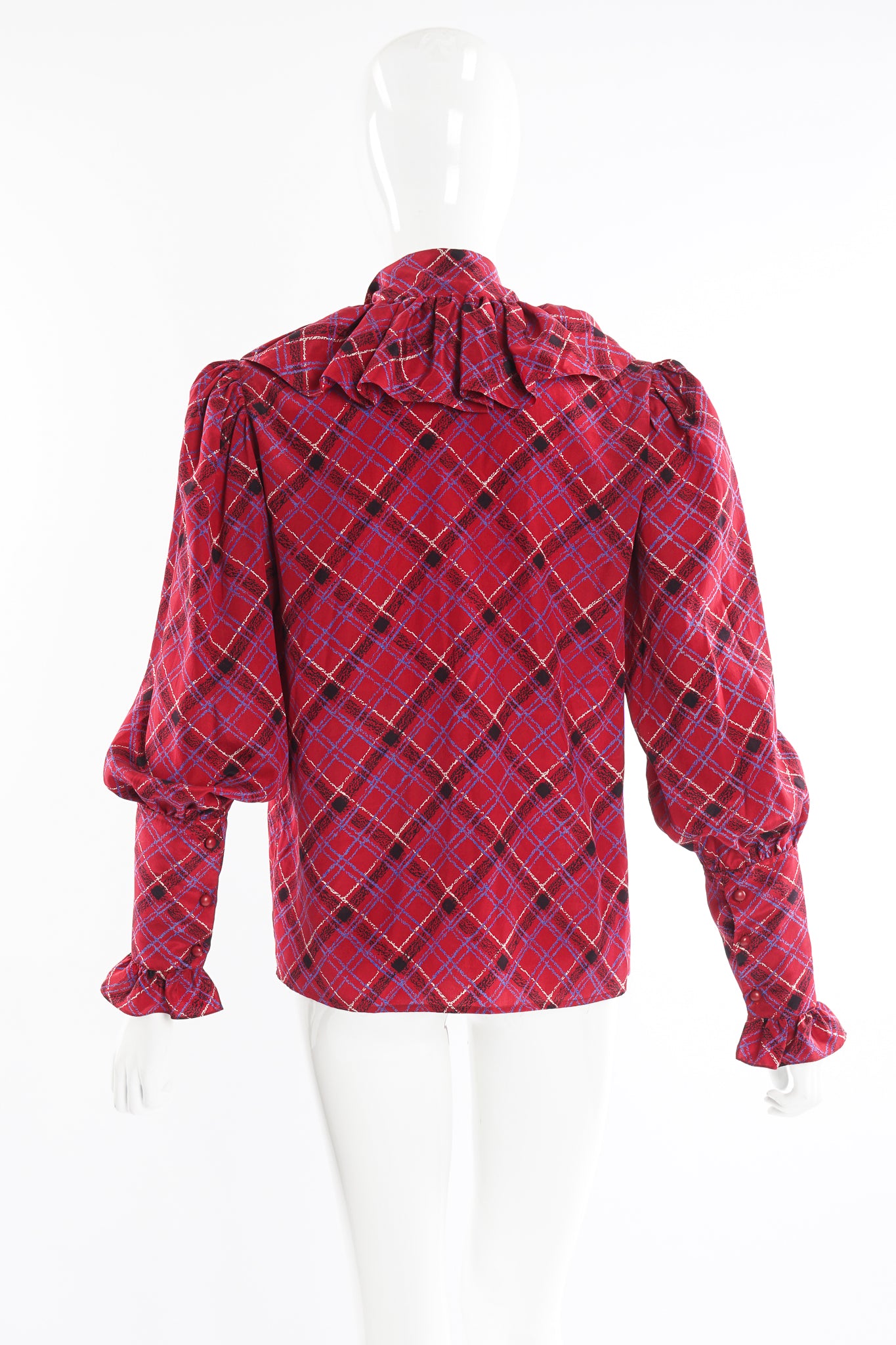 Vintage YSL Yves Saint Laurent Plaid Ruffle Bow Blouse on Mannequin back at Recess Los Angeles