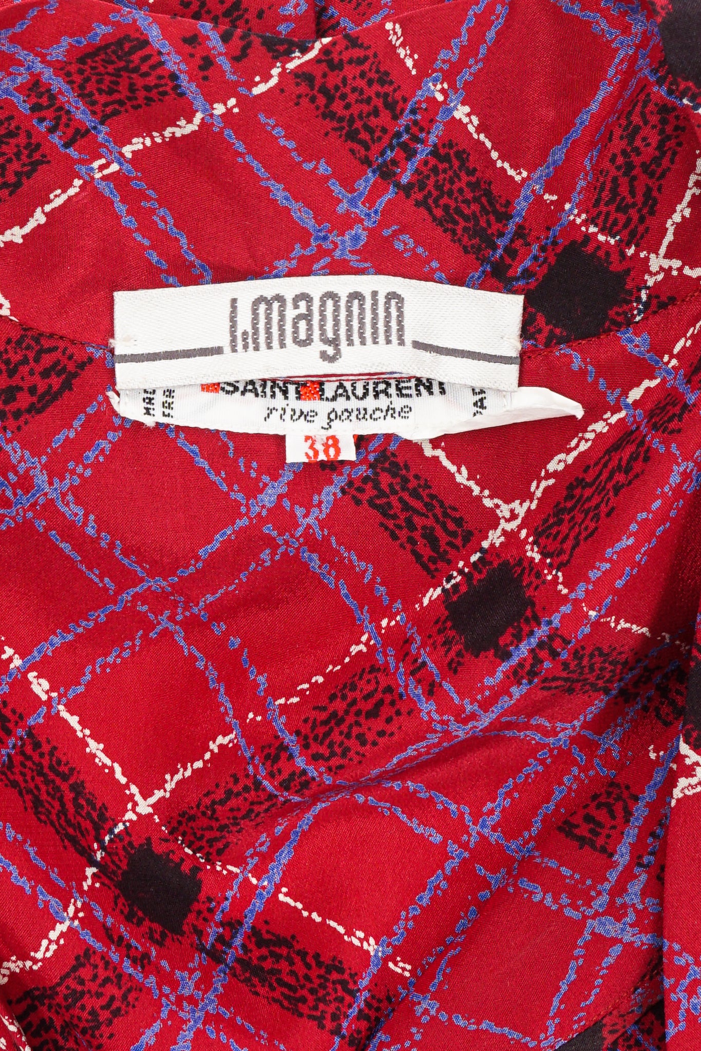 Vintage YSL Yves Saint Laurent Plaid Ruffle Bow Blouse label at Recess Los Angeles