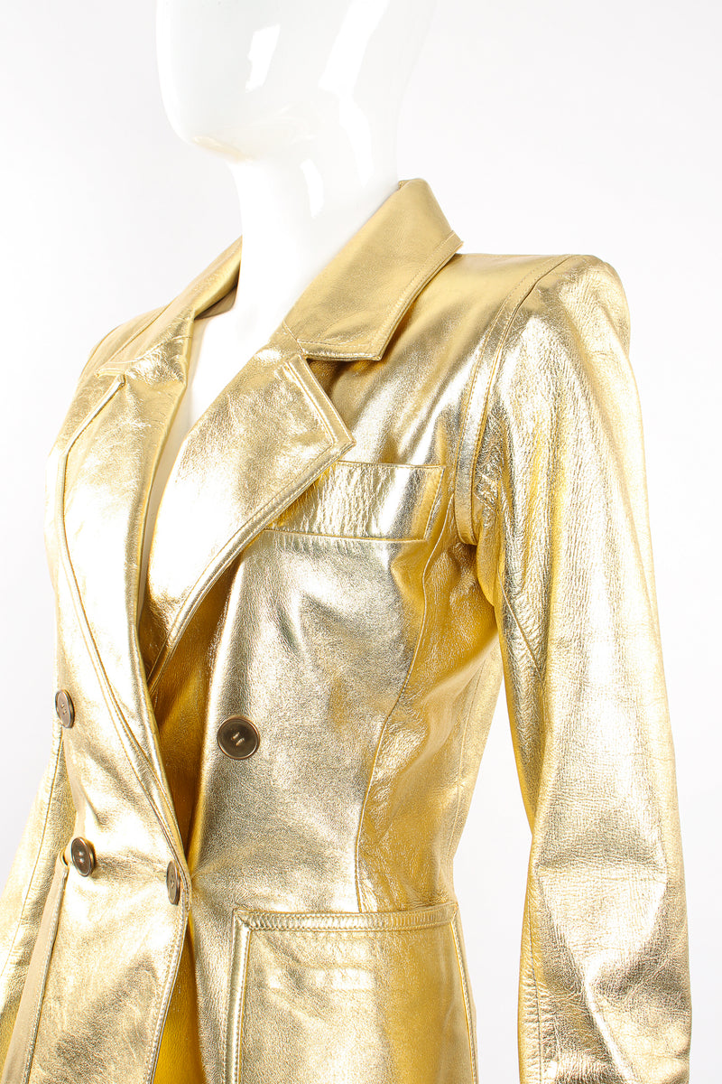 Vintage YSL Yves Saint Laurent Gold Leather Lamé Jacket on Mannequin shoulder at Recess Los Angeles