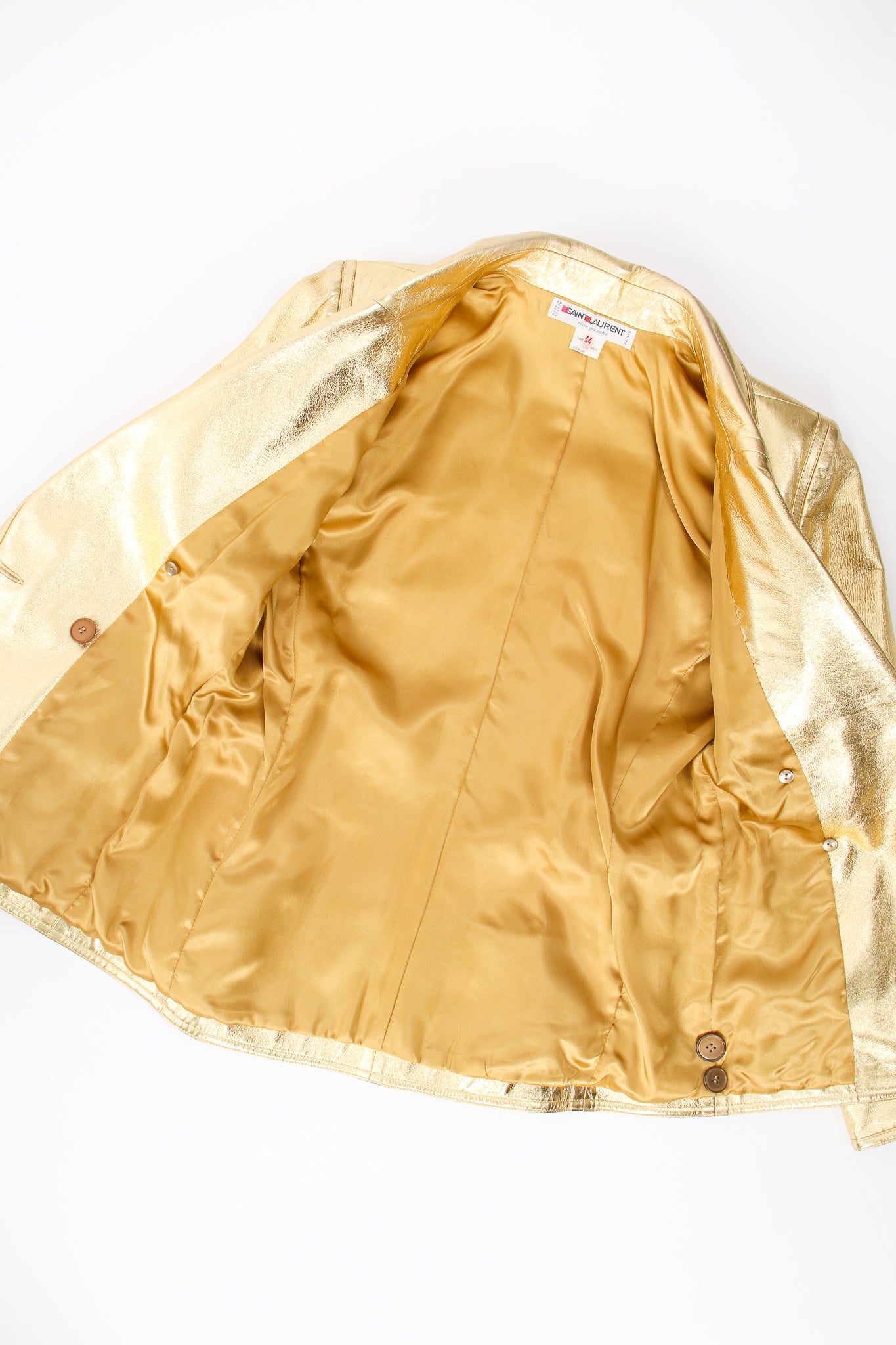 Vintage YSL Yves Saint Laurent Gold Leather Lamé Jacket lining at Recess Los Angeles
