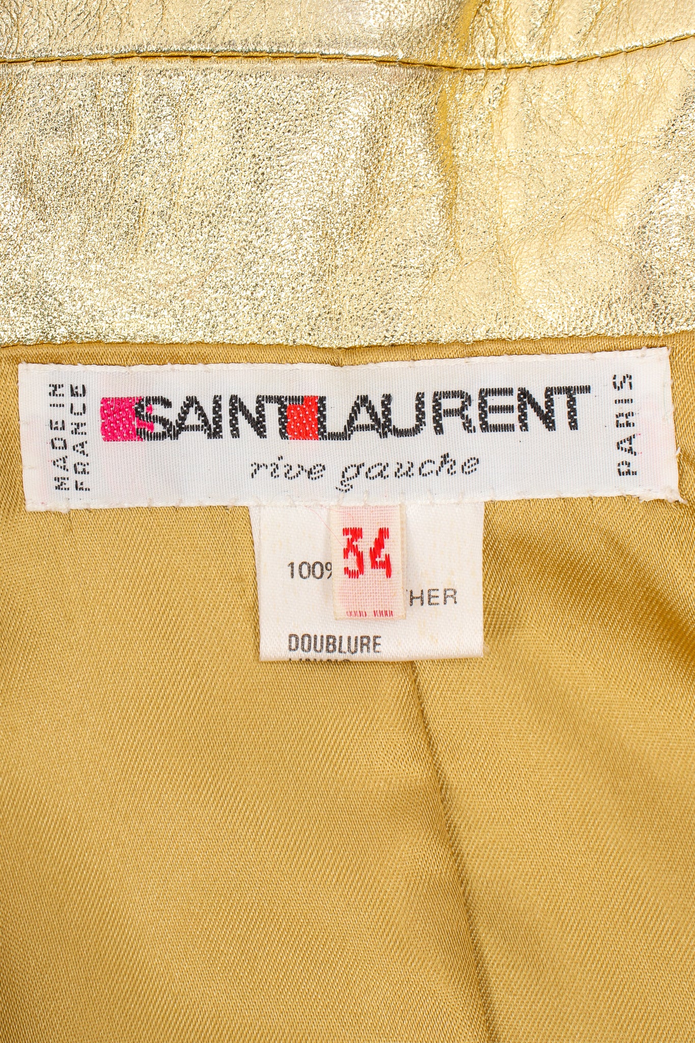 Vintage YSL Yves Saint Laurent Gold Leather Lamé Jacket label at Recess Los Angeles