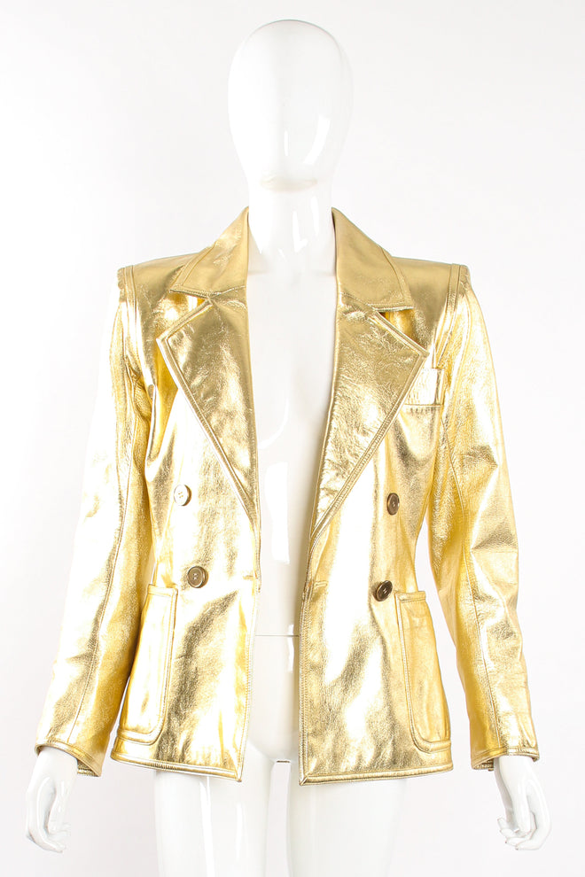 Vintage YSL Yves Saint Laurent Gold Leather Lamé Jacket on Mannequin open at Recess Los Angeles