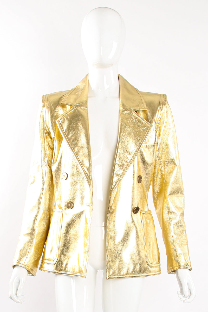 Vintage YSL Yves Saint Laurent Gold Leather Lamé Jacket on Mannequin open at Recess Los Angeles
