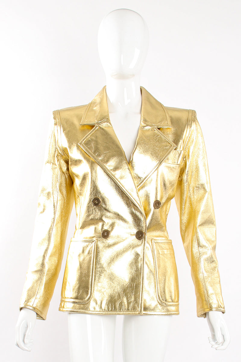 Vintage YSL Yves Saint Laurent Gold Leather Lamé Jacket on Mannequin front at Recess Los Angeles