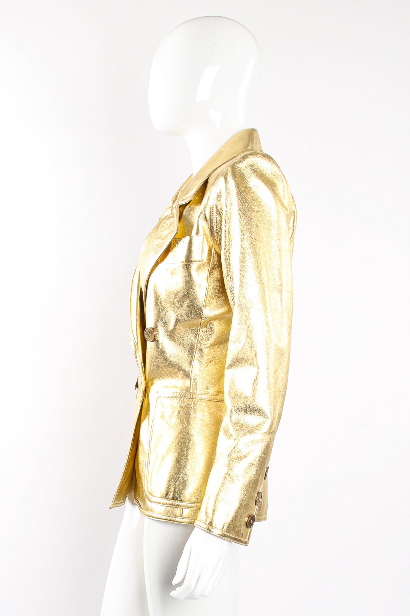 Vintage YSL Yves Saint Laurent Gold Leather Lamé Jacket on Mannequin side at Recess Los Angeles