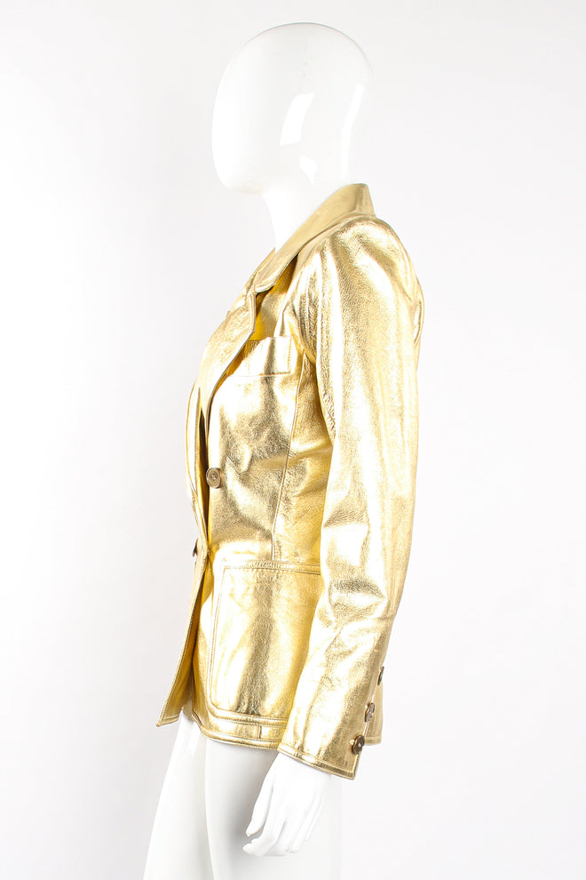 Vintage YSL Yves Saint Laurent Gold Leather Lamé Jacket on Mannequin side at Recess Los Angeles