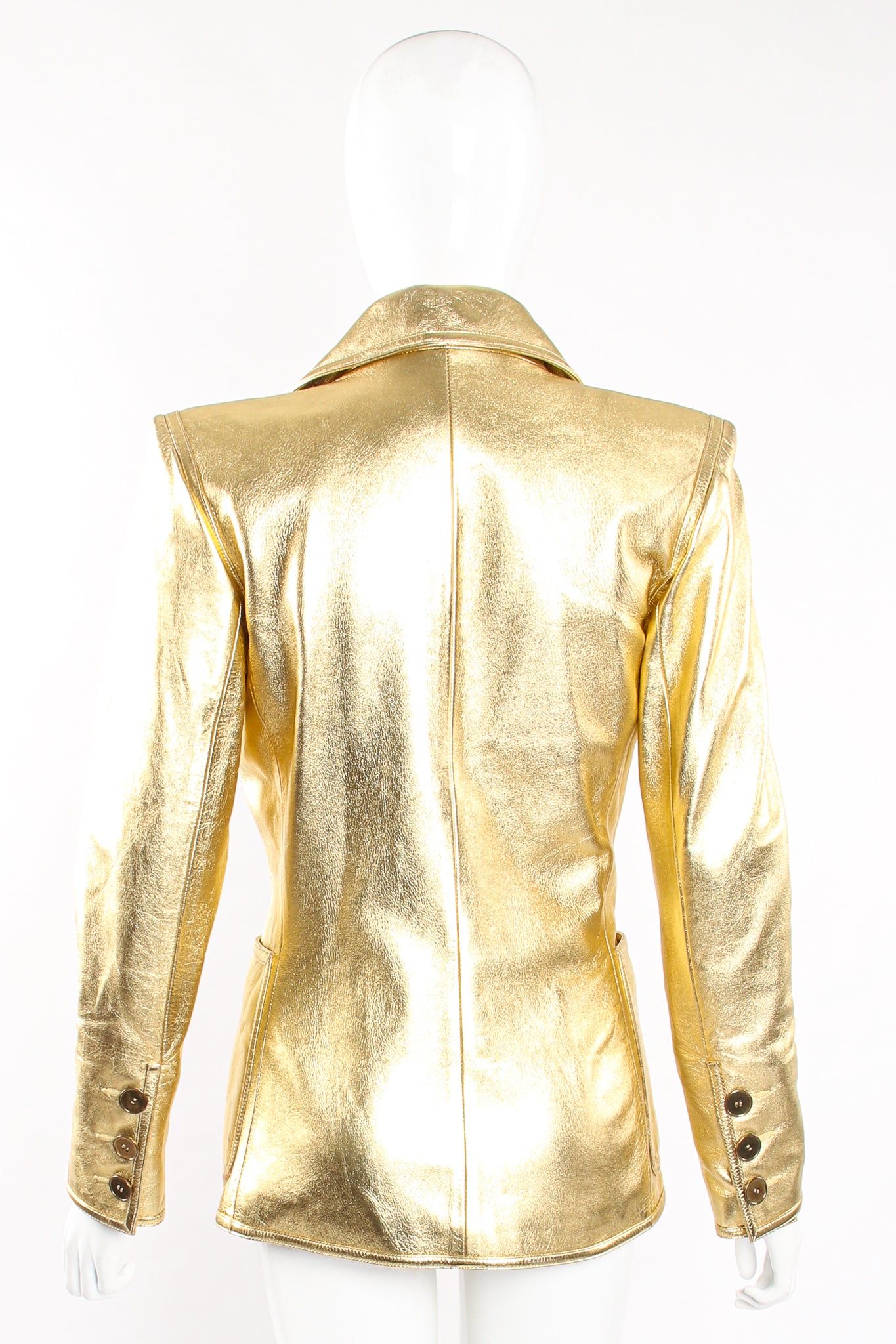 Vintage YSL Yves Saint Laurent Gold Leather Lamé Jacket on Mannequin back at Recess Los Angeles