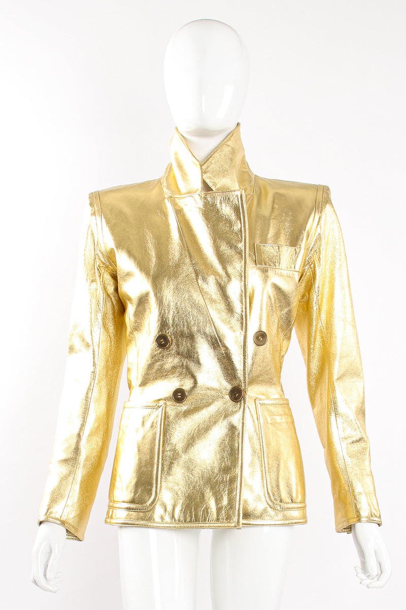 Vintage YSL Yves Saint Laurent Gold Leather Lamé Jacket on Mannequin front at Recess Los Angeles