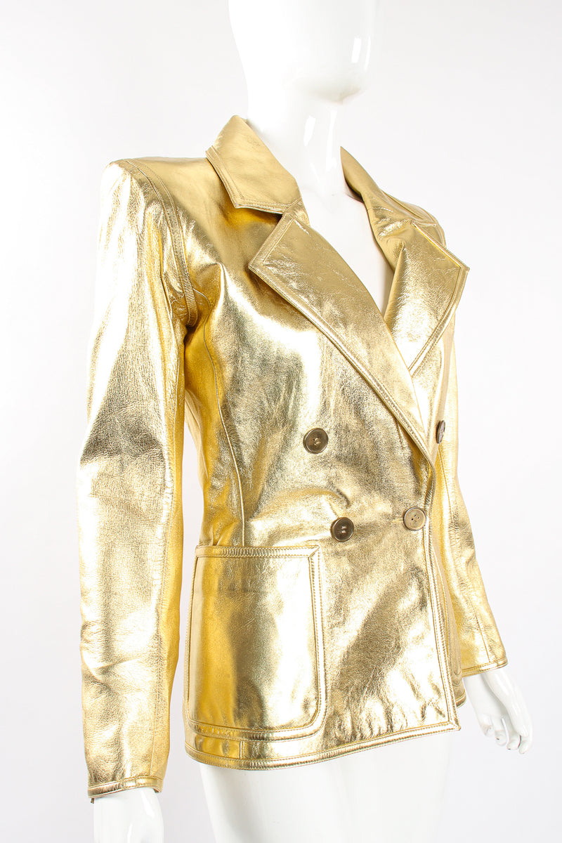 Vintage YSL Yves Saint Laurent Gold Leather Lamé Jacket on Mannequin angle at Recess Los Angeles