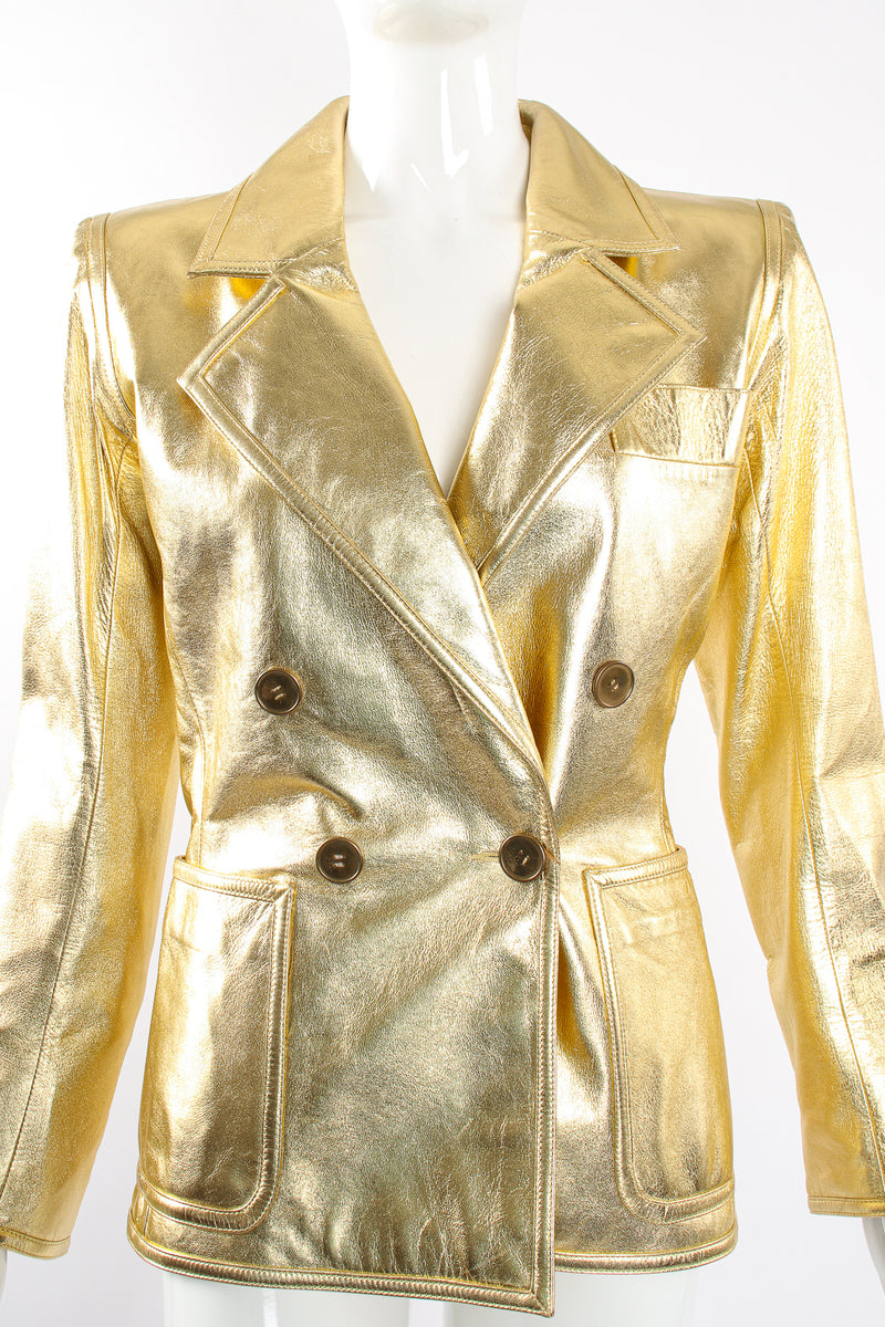 Vintage YSL Yves Saint Laurent Gold Leather Lamé Jacket on Mannequin front crop at Recess LA