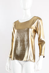 Vintage Yves Saint Laurent YSL Metallic Gold Lamé Jewel Neck Blouse on Mannequin angle @ Recess LA