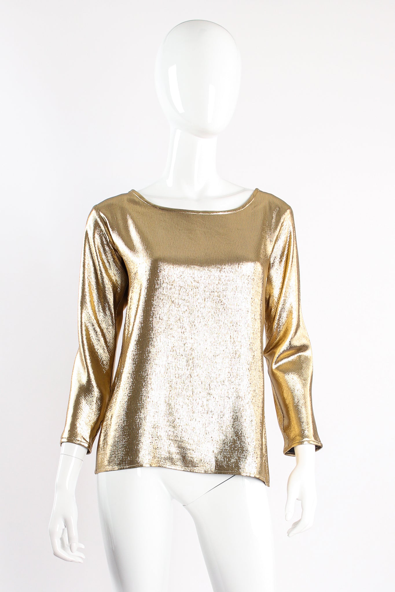 Vintage Yves Saint Laurent YSL Metallic Gold Lamé Jewel Neck Blouse on Mannequin front @ Recess LA