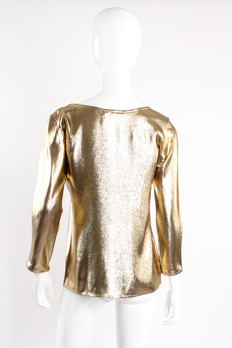 Vintage Yves Saint Laurent YSL Metallic Gold Lamé Jewel Neck Blouse on Mannequin back @ Recess LA