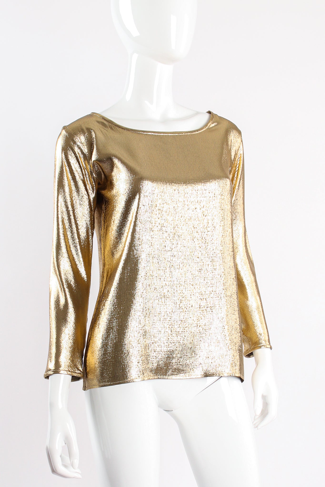 Vintage Yves Saint Laurent YSL Metallic Gold Lamé Jewel Neck Blouse on Mannequin angle @ Recess LA