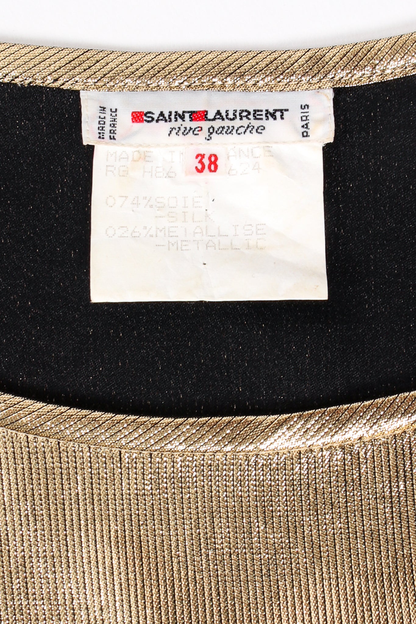 Vintage Yves Saint Laurent YSL Metallic Gold Lamé Jewel Neck Blouse label @ Recess LA