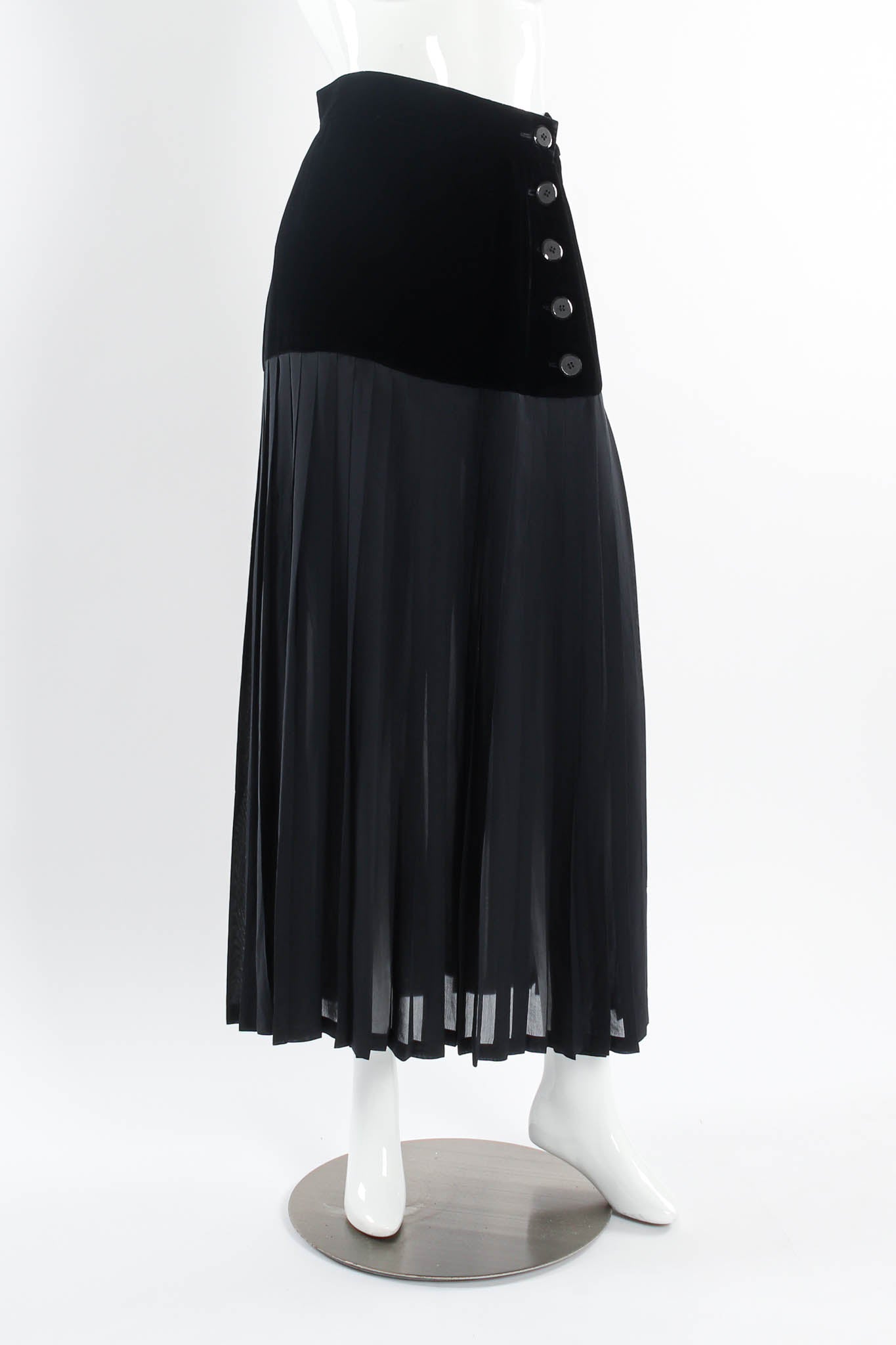 Vintage Yves Saint Laurent Silk Velvet Pleated Skirt mannequin angle @ Recess Los Angeles